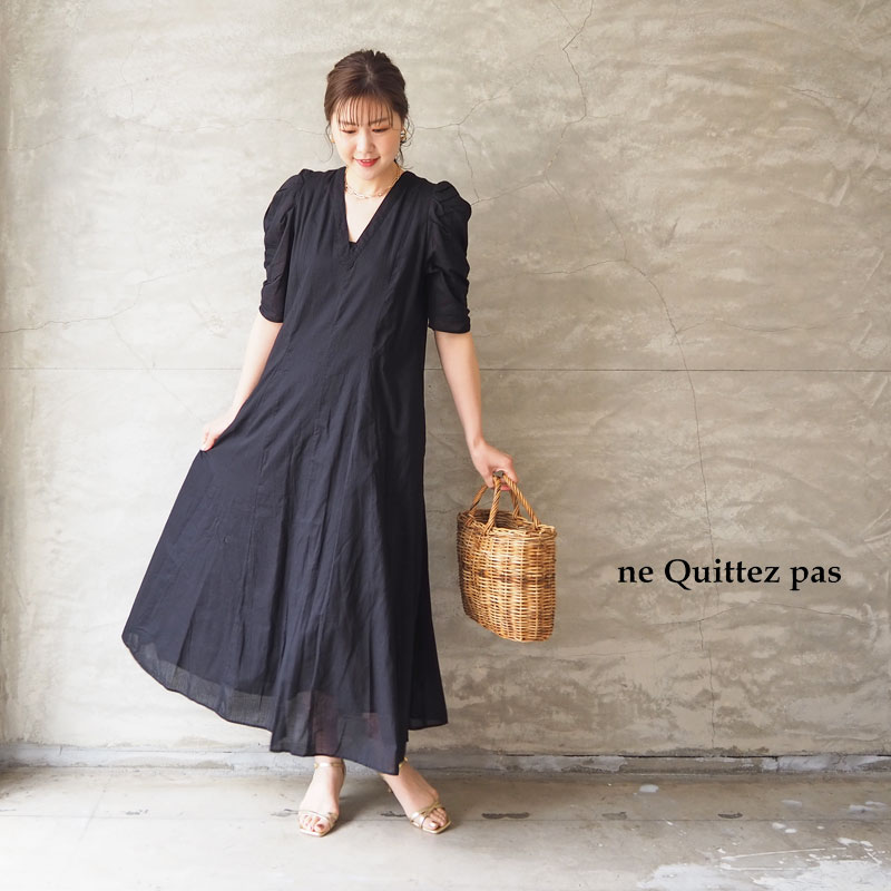 ヌキテパ ワンピース レディース ne Quittez pas Dobby Stripe Plain Dress 010431GZ1 ドレス ストライプ 五分袖 半袖 ギャザースリーブ ギャザー Aライン Vネック 鈴 ストリング インド製 コットン 綿 ロング丈 春夏 BLACK ブラック モダン おしゃれのサムネイル