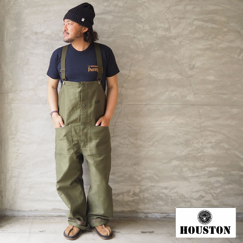 HOUSTON ヒューストン オーバーオール DECK PANTS 1785 メンズ レディース デッキパンツ アメカジ オールインワン つなぎ パンツ オーバーパンツ コットンピケ 日本製 アメカジ ミリタリー バイカー ワーク カジュアル タン オリーブ