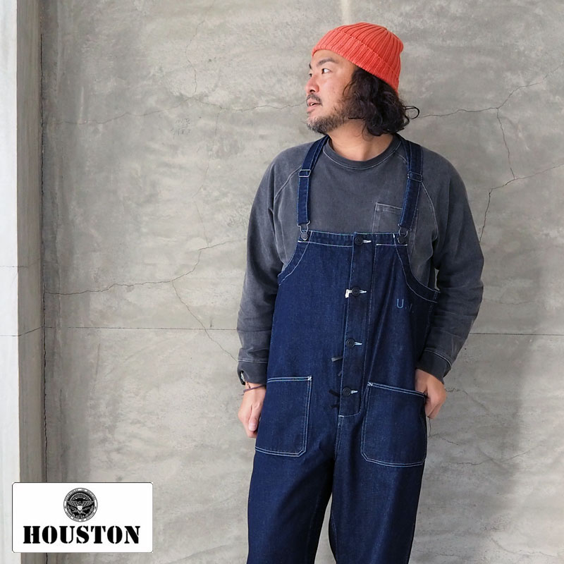 HOUSTON ヒューストン オーバーオール デニム デッキパンツ DENIM DECK PANTS 10037 メンズ デッキ パンツ アメカジ オールインワン つなぎ パンツ デニムパンツ ジーンズ アメカジ ミリタリー ウォッシュ ワーク カジュアル ワンウォシュ