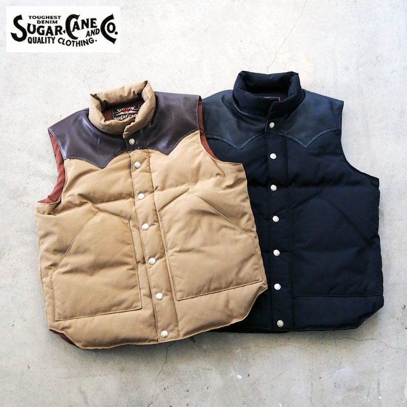 SUGAR CANE シュガーケーン ダウンベスト LEATHER YOKE T/C DOWN VEST SC15222 メンズ ベスト ダウン ジャケット ダウンジャケット レザーヨーク 本革 東洋エンタープライズ 東洋 アメカジ ワーク ミリタリー ブラック ベージュ 黒