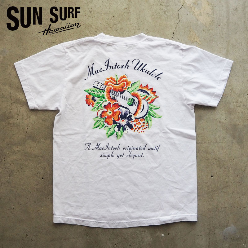 SUN SURF サンサーフ Tシャツ USA製 PRINT T-SHIRTS “MACINTOSH UKULELE” SS79350 メンズ 半袖 アロハ アロハTシャツ 半袖Tシャツ ウクレレ ハワイアン アロハシャツ マトソンのメニュー柄 メール便