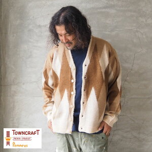 TOWNCRAFT タウンクラフト カーディガン SHAGGY JACQUARD CARDIGAN TC22F01300 メンズ レディース ジャガード ニット アーガイル レオパード 柄 カーデ モヘア シャギー セーター ダブルジャガード編み オーバーサイズ ドロップショルダー