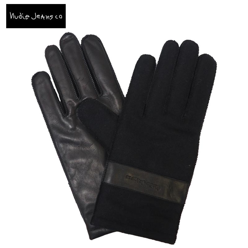 【メール便可】Nudie Jeans ヌーディージーンズ ARVIDSSON 手袋 46161-7003 H6L レザーグローブ ウール 本革 牛革 メンズ ブラック