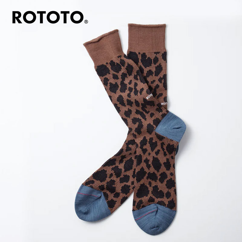 RoToTo ロトト ソックス 靴下 レディース ORGANIC COTTON & RECYCLE POLYESTER CREW SOCKS LEOPARD R1418 ヒョウ柄ソックス くつした クルーソックス 23cm 25cm Sサイズ オーガニックコットン