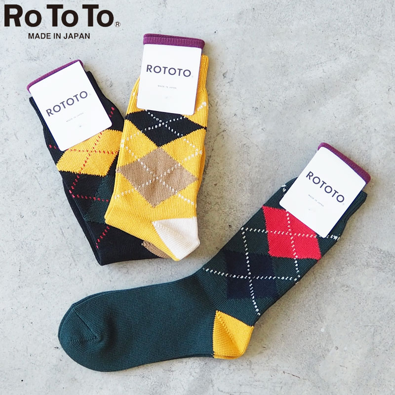 rototo 靴下 メンズ RoToTo ロトト 靴下 ソックス メンズ レディース ARGYLE CREW SOCKS R1439 メール便可 クルーソックス アーガイル 柄 くつした 日本製 コットン 綿 オーガニック プレゼント ギフト 黒 緑 黄 ブラック グリーン おしゃれ カジュアル ナチュラル