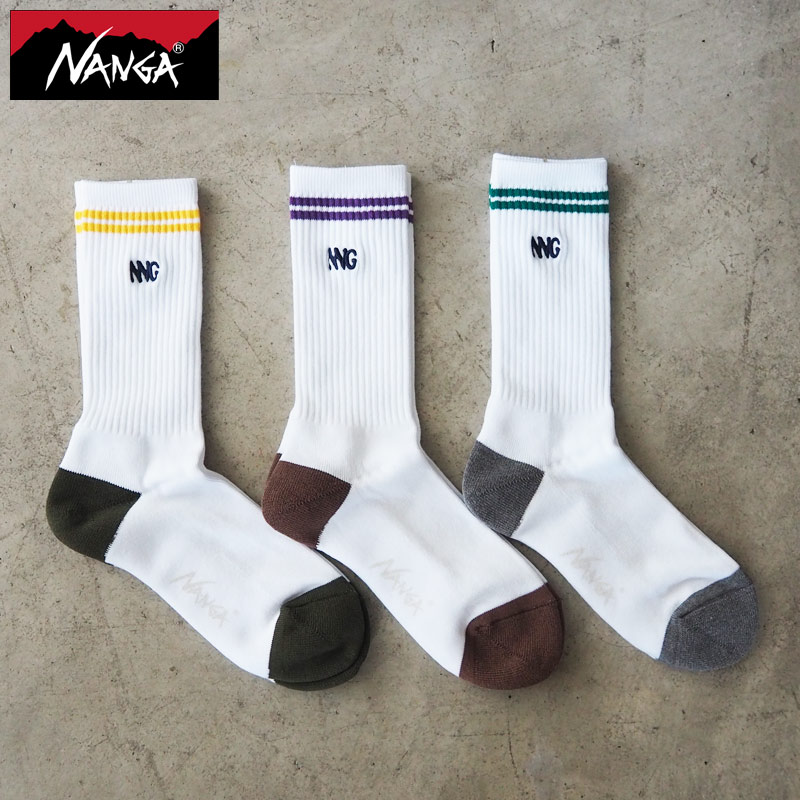 NANGA ナンガ ソックス メンズ 靴下 NNG COLOR STRIPE SOCKS N2502-3H315Z くつした クルーソックス クルー ワンポイント シンプル 白 イエロー グリーン パープル