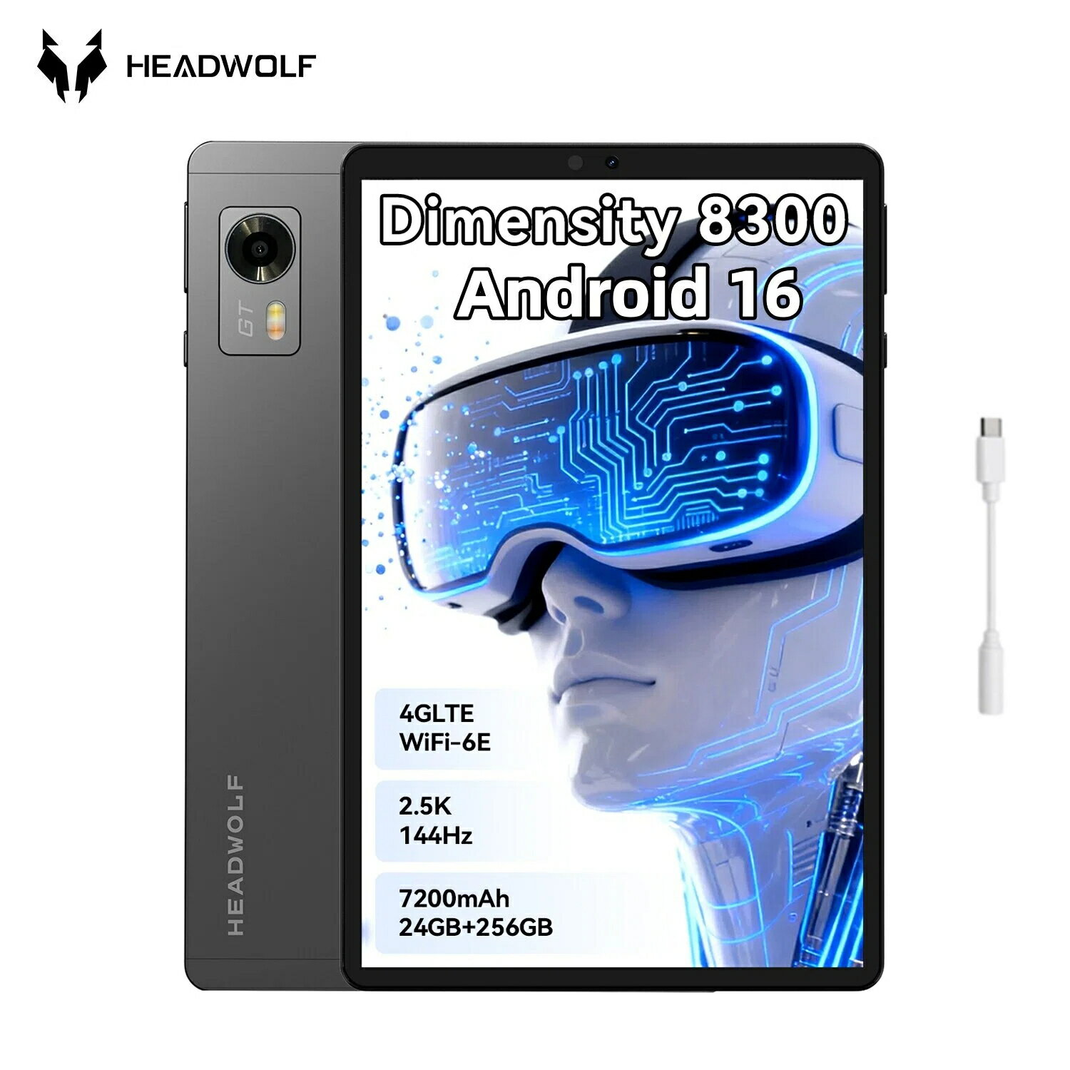 ★Android16★「SS限定価格＋レビュー特典！」Headwolf Titan1 タブレット 8.8インチ MTK8300 Wi-Fi6E 4GLTE GPS simフリー 144Hz 24GB 256GB 2TB WidevineL1 2.5K 6軸ジャイロ 光センサー LPDDR5X UFS4.0 7200mAh デュアルスピーカー USB-C-3.5mm変換アダプタ付き！