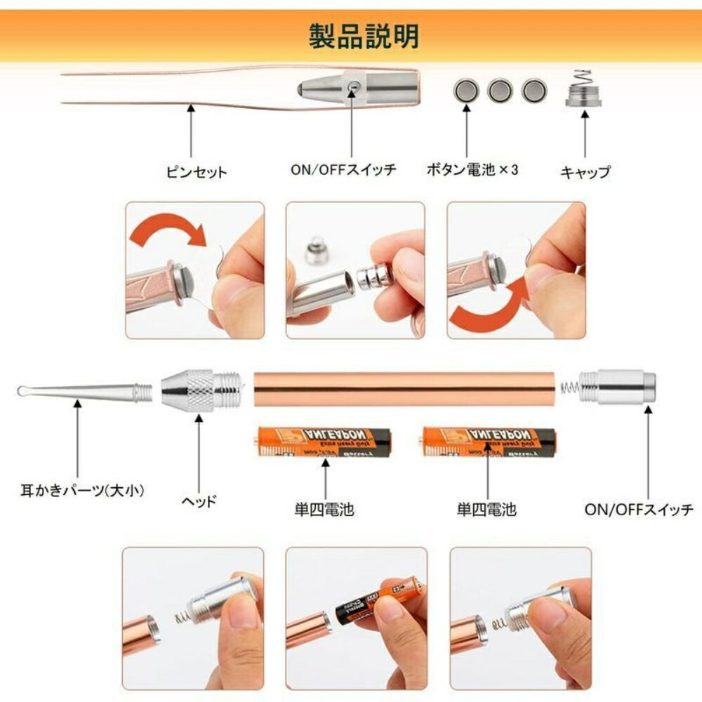 耳かき LEDライト 付き ピンセット みみかき 耳掻き 光る耳かき 耳掃除 ピンセット 耳垢 掃除 みみあか 子ども用 子供 子供用 赤ちゃん ステンレス LED ライト 光る 照明付き 子育て プレゼント かわいい 送料無料 電池 お年寄り用 携帯便利 3