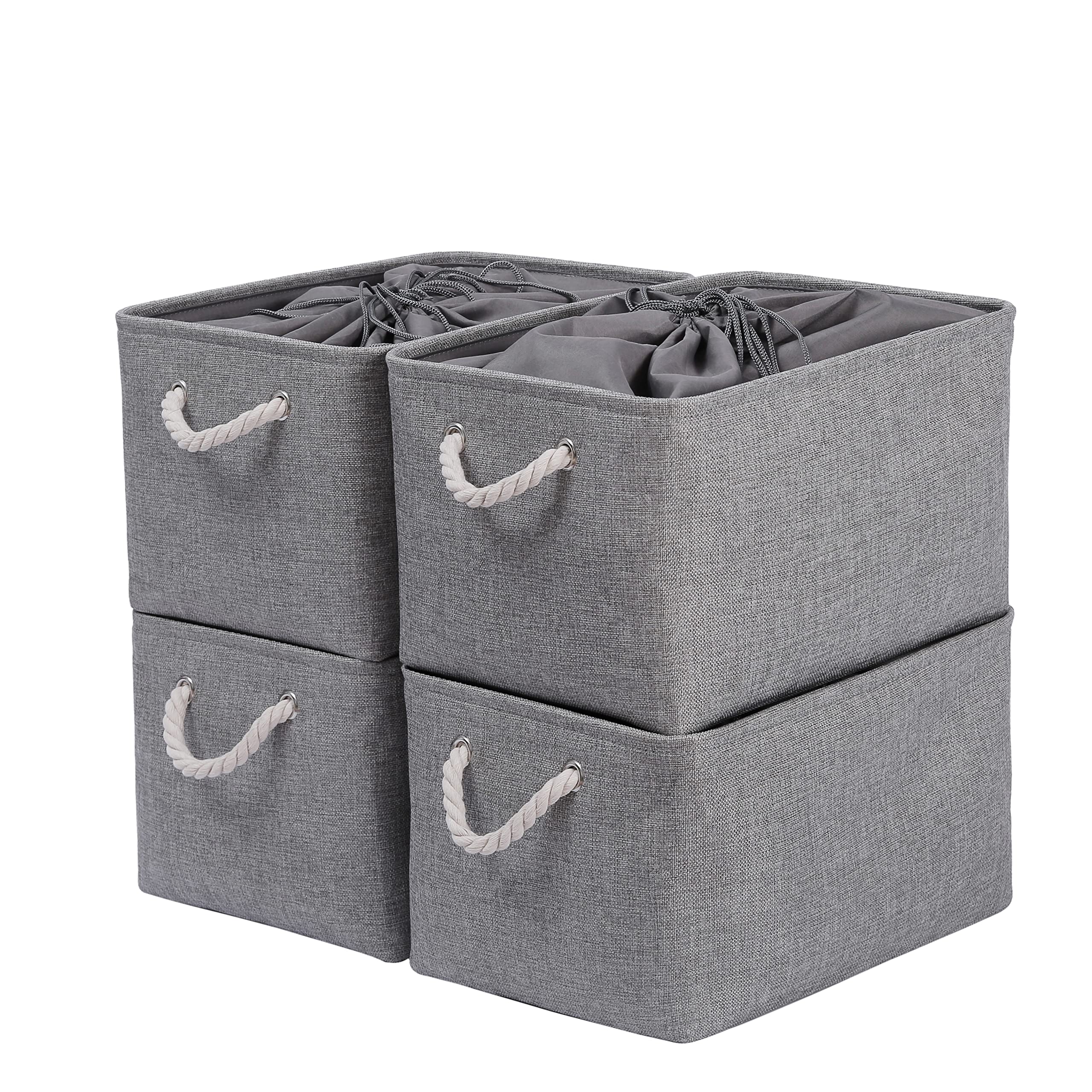 収納ボックス 収納バスケット 収納かご 4個セット 幅40×奥行30×高さ24cm 29L 収納 巾着式ふた付き 折りたたみ 収納ケース 大容量 おしゃれ 服/小物/衣類/CD/DVD/マンガ/書類/おもちゃ 引き出し 天然綿麻 防水防塵 高耐久性 無臭 大きい（グレー）