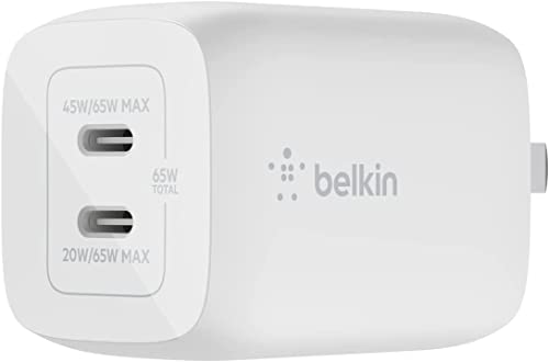 Belkin 65W PD 充電器 USB-C 2ポート PPS規格対応 GaN採用 小型 ACアダプター タイプC 急速充電 軽量【PD3.0対応 / PSE技術基準適合/折りたたみ式プラグ】65W(45W+20W) MacBook Windows PC Surface Pro iPad iPhone Galaxy A