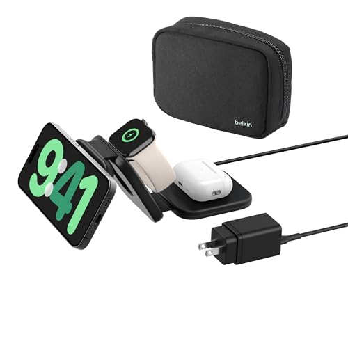Belkin 3-in-1 Qi2ワイヤレス充電 ポータブルパッド Qi2公式認証/MagSafe対応 iPhone 16/15/14/13/12/Qi2対応スマートフォン(最大15W高速充電) Apple Watch 10/9/8/7/Ultra/Ultra2(急速充電対応) USB-Cケーブル付属(1.5m) A