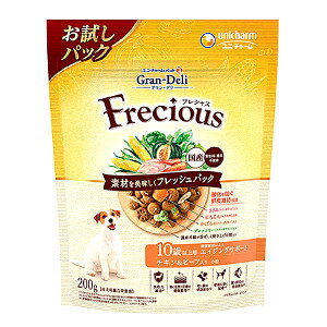 商品名 ユニ・チャーム グラン・デリ フレシャス 10歳以上用　チキン＆ビーフ入り　200g 4520699620373※メーカー都合によりパッケージ、デザインが変更となる場合がございます 商品説明 できたて鮮度の香りと素材の美味しさが実感できる国産プレミアムドッグフードです 遠赤外線で焼き上げた粒とフリーズドライの素材を無酸素包装することで、いつでも美味しくワンちゃんが喜びます 10歳以上の愛犬向けの栄養バランスで、愛犬が大好きなチキン＆ビーフ入りです 原材料 穀類(トウモロコシ、小麦粉、パン粉)、肉類(チキンミール、チキンエキス、乾燥ささみ加工品、ビーフミール、ポークミール、ビーフ)、魚介類(フィッシュミール、フィッシュエキス、まぐろミール、かつお節)、動物性油脂、野菜類(ビートパルプ、乾燥にんじん、乾燥ブロッコリー、乾燥かぼちゃ、ほうれんそうパウダー)、豆類(大豆、大豆エキス)、セルロースパウダー、ビール酵母、ミネラル類(カルシウム、塩素、コバルト、銅、鉄、ヨウ素、カリウム、マンガン、ナトリウム、リン、亜鉛)、ビタミン類(A、B1、B2、B6、B12、C、D、E、K、コリン、ナイアシン、パントテン酸、ビオチン、葉酸)、グルコサミン塩酸塩、調味料、アミノ酸類(タウリン)、コンドロイチン硫酸、酸化防止剤(ミックストコフェロール、ハーブエキス) JAN 4520699620373 メーカー名 ユニ・チャーム 生産国 日本