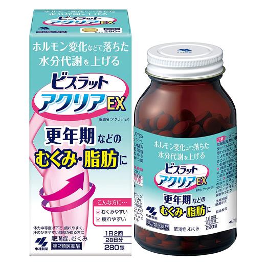 ★出荷日数目安 こちらの商品は、通常3〜4営業日で出荷となります。 商品名 【第2類医薬品】 ビスラット　アクリアEX　280錠　【小林製薬】【送料無料】 内容量 280錠 使用上の注意 ■相談すること 1．次の人は服用前に医師、薬剤師又は登録販売者に相談すること (1)医師の治療を受けている人 (2)妊婦又は妊娠していると思われる人 (3)高齢者 (4)今までに薬などにより発疹・発赤、かゆみ等を起こしたことがある人 (5)次の症状のある人：むくみ (6)次の診断を受けた人：高血圧、心臓病、腎臓病 2．服用後、次の症状があらわれた場合は副作用の可能性があるので、直ちに服用を中止し、製品の添付文書（70錠はパッケージ）を持って医師、薬剤師又は登録販売者に相談すること 　［関係部位：症状］ 　　皮ふ：発疹・発赤、かゆみ 　　消化器：食欲不振、胃部不快感 　まれに下記の重篤な症状が起こることがある。その場合は直ちに医師の診療を受けること 　［症状の名称：症状］ 　　間質性肺炎：階段を上ったり、少し無理をしたりすると息切れがする・息苦しくなる、空せき、発熱等がみられ、これらが急にあらわれたり、持続したりする 　　偽アルドステロン症、ミオパチー：手足のだるさ、しびれ、つっぱり感やこわばりに加えて、脱力感、筋肉痛があらわれ、徐々に強くなる 　　肝機能障害：発熱、かゆみ、発疹、黄だん（皮ふや白目が黄色くなる）、褐色尿、全身のだるさ、食欲不振等があらわれる 3．1ヶ月位服用しても症状がよくならない場合は服用を中止し、製品の添付文書（70錠はパッケージ）を持って医師、薬剤師又は登録販売者に相談すること 4．長期連用する場合には、医師、薬剤師又は登録販売者に相談すること 効能・効果 体力中等度以下で、疲れやすく、汗のかきやすい傾向があるものの次の諸症：肥満に伴う関節の腫れや痛み、むくみ、多汗症、肥満症（筋肉にしまりのない、いわゆる水ぶとり） 用法・用量 成人（15歳以上）1回5錠 1日2回食前又は食間に服用する． 用法に関してのご注意 (1)定められた用法・用量を厳守すること (2)吸湿しやすいため、服用のつどキャップ（70錠はチャック）をしっかりしめること ・食間とは「食事と食事の間」を意味し、食後約2〜3時間のことをいいます 成分・分量 1日量（10錠）中 成分：分量：内訳 防已黄耆湯エキス：3．2g：ボウイ5.0g、オウギ5.0g、ビャクジュツ3.0g、ショウキョウ1.0g、タイソウ3.0g、カンゾウ1.5g 添加物 二酸化ケイ素、クロスCMC-Na、ステアリン酸Mg、タルク、セルロース、ヒプロメロース、マクロゴール、カルナウバロウ 薬効分類 防已黄耆湯 剤形 錠剤 保管・取り扱いの注意 (1) 直射日光の当たらない湿気の少ない涼しい所に密栓して（70錠はチャックをしっかりしめて）保管すること (2) 小児の手の届かない所に保管すること (3) 他の容器に入れ替えないこと（誤用の原因になったり品質が変わる） (4) 本剤をぬれた手で扱わないこと（錠剤がぬれると白く変色する可能性があります） (5) 210錠・280錠のビンの中の詰め物は輸送時の破損防止用なので開封時に捨てること お問合せ先 会社名：小林製薬株式会社 住所：〒541-0045　大阪市中央区道修町4-4-10 問い合わせ先：お客様相談室 電話：フリーダイヤル0120-5884-01 受付時間：9：00〜17：00（土・日・祝日を除く） その他：ホームページアドレス　www.kobayashi.co.jp 使用期限 使用期限まで90日以上ある医薬品をお届けします メーカー名 小林製薬 ブランド ビスラット 製造国 日本 ★医薬品の販売について★ 広告文責：株式会社健人　電話番号　048-252-3939 区分：医薬品 サブカテゴリー：　医薬品分類 > 第2類医薬品 > 防已黄耆湯(ボウイオウギトウ) 関連ワード：　防已黄耆湯/ボウイオウギトウ/むくみ/多汗症/肥満症/水太り こちらの商品もおすすめ ビスラット　アクリアEX　70錠 ビスラット　アクリアEX　210錠 添付文書 ビスラット　アクリアEX　280錠　【小林製薬】 ページトップへ【第2類医薬品】 ビスラット　アクリアEX　280錠　【小林製薬】 「小林製薬　ビスラット アクリアEX　280錠」は、1日2回の服用で更年期などのむくみ・脂肪を落とします。ホルモン変化などで低下した水分代謝を活性化し、溜まった水分を押し出します。特にむくみがちな方、体脂肪を減らしたい方に適した漢方薬です。6種類の生薬からなる防已黄耆湯（ボウイオウギトウ）を、服用しやすい錠剤にしました。効き目※のサインは、尿量が増えることです。※むくみへの効果のこと 【ご注意】　こちらの商品は第2類医薬品です。必ず、使用上の注意（してはいけないこと・相談すること）をご確認の上お買い求めください。