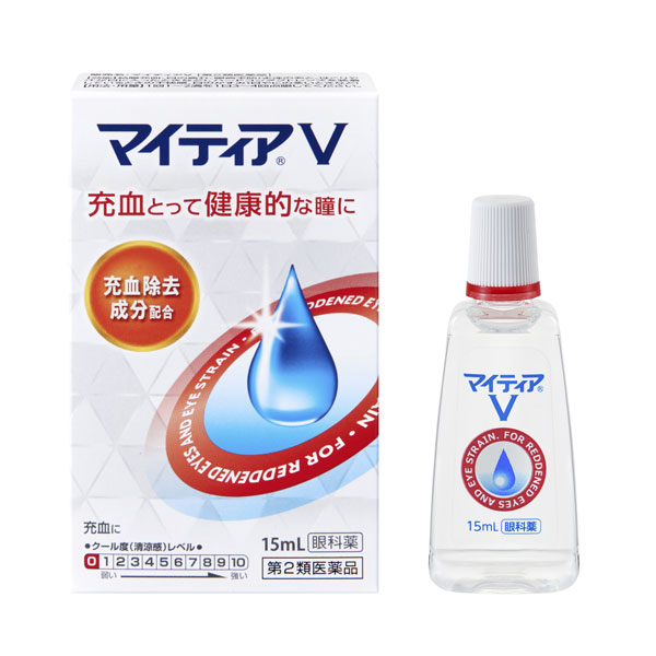 ※こちらの商品は、メール便（ネコポス）対応品です。11個以上の購入や他の商品と同梱の場合は、宅配便での配送となります。また、1個から宅配便を選択することも可能です。宅配便配送の場合は所定の送料がかかりますので、あらかじめご了承ください。 ▶メール便に関して、詳しくはこちら ★出荷日数目安 こちらの商品は、通常3〜4営業日で出荷となります。 商品名 【第2類医薬品】 マイティアV　15mL　【千寿製薬】 内容量 15mL 使用上の注意 ■相談すること 1．次の人は使用前に医師、薬剤師または登録販売者に相談すること 　（1）医師の治療を受けている人。 　（2）薬などによりアレルギー症状を起こしたことがある人。 　（3）次の症状のある人。 　　はげしい目の痛み 　（4）次の診断を受けた人。 　　緑内障 2．使用後、次の症状があらわれた場合は副作用の可能性があるので、直ちに使用を中止し、この文書を持って医師、薬剤師または登録販売者に相談すること ［関係部位：症状］ 皮膚：発疹・発赤、かゆみ 目：充血、かゆみ、はれ 3．次の場合は使用を中止し、この文書を持って医師、薬剤師または登録販売者に相談すること 　（1）目のかすみが改善されない場合。 　（2）5〜6日間使用しても症状がよくならない場合。 効能・効果 結膜充血、目の疲れ、眼病予防（水泳のあと、ほこりや汗が目に入ったときなど）、ハードコンタクトレンズを装着しているときの不快感、目のかすみ（目やにの多いときなど） 用法・用量 1回1〜2滴を1日3〜4回点眼してください。 用法に関してのご注意 （1）過度に使用すると、異常なまぶしさを感じたり、かえって充血を招くことがある。 （2）小児に使用させる場合には、保護者の指導監督のもとに使用させること。 （3）容器の先を目、まぶた、まつ毛に触れさせないこと（目やにやその他異物等が混入することで、薬液が汚染あるいは混濁することがある。）。また、混濁したものは使用しないこと。 （4）ソフトコンタクトレンズを装着したまま使用しないこと。 （5）点眼用にのみ使用すること。 （6）用法・用量を厳守すること。 成分・分量 1mL中 成分：分量 塩酸テトラヒドロゾリン：0.5mg 添加物 塩化ナトリウム、ホウ酸、ホウ砂、エデト酸ナトリウム水和物、ベンザルコニウム塩化物、pH調節剤 薬効分類 一般点眼薬 剤形 液剤 保管・取り扱いの注意 （1）直射日光の当たらない涼しい所に密栓して保管すること。特に自動車内や暖房器具の近くなど、高温となるおそれのある場所に放置しないこと。 （2）小児の手の届かない所に保管すること。 （3）他の容器に入れ替えないこと（誤用の原因になったり品質が変わる。）。 （4）容器に他のものを入れて使用しないこと。 （5）他の人と共用しないこと。 （6）使用期限を過ぎた製品は使用しないこと。 　また、使用期限内であっても、内袋開封後はすみやかに使用すること。 （7）保存の状態によっては、容器の先周囲やキャップの内側に薬液中の成分の結晶が付くことがある。このような場合には清潔なガーゼで軽くふき取って使用すること。 お問合せ先 会社名：千寿製薬株式会社 住所：〒541-0048　大阪市中央区瓦町三丁目1番9号 問い合わせ先：お客様インフォメーション 電話：0120-078-552 受付時間：9：00〜17：30（土、日、祝日を除く） 使用期限 使用期限まで90日以上ある医薬品をお届けします メーカー名 千寿製薬 製造国 日本 ★医薬品の販売について★ 広告文責：株式会社健人　電話番号　048-252-3939 区分：医薬品 サブカテゴリー：　医薬品分類 > 第2類医薬品 関連ワード：　結膜充血/目の疲れ/眼病予防/目のかすみ 添付文書 マイティアV　15mL　【千寿製薬】 ページトップへ【第2類医薬品】 マイティアV　15mL　【千寿製薬】 「マイティアV　15mL」は、充血の効き目を一番に考えたシンプル処方。やさしいさし心地のノンクールタイプの目薬です。長時間のスマホ・タブレットの使用や寝不足、紫外線を長時間浴びたときなどの充血に効きます。やさしいさし心地です。 【ご注意】　こちらの商品は第2類医薬品です。必ず、使用上の注意（してはいけないこと・相談すること）をご確認の上お買い求めください。