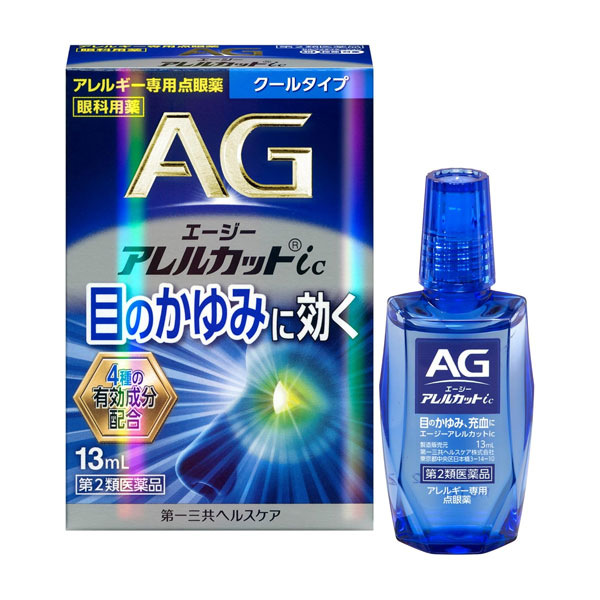 ※こちらの商品は、メール便（ネコポス）対応品です。11個以上の購入や他の商品と同梱の場合は、宅配便での配送となります。また、1個から宅配便を選択することも可能です。宅配便配送の場合は所定の送料がかかりますので、あらかじめご了承ください。 ▶メール便に関して、詳しくはこちら ★出荷日数目安 こちらの商品は、通常3〜4営業日で出荷となります。 商品名 【第2類医薬品】 エージーアレルカットic　13mL　【第一三共ヘルスケア】 [セルフメディケーション税制対象] 内容量 13mL 使用上の注意 ■してはいけないこと （守らないと現在の症状が悪化したり、副作用・事故が起こりやすくなります） 1．次の人は使用しないで下さい。 　本剤又は本剤の成分によりアレルギー症状を起こしたことがある人 2．点鼻薬と併用する場合には、使用後、乗物又は機械類の運転操作をしないで下さい。 　（眠気等があらわれることがあります） ■相談すること 1．次の人は使用前に医師、薬剤師又は登録販売者に相談して下さい。 　（1）医師の治療を受けている人 　（2）減感作療法等、アレルギーの治療を受けている人 　（3）妊婦又は妊娠していると思われる人 　（4）薬などによりアレルギー症状を起こしたことがある人 　（5）次の症状のある人：はげしい目の痛み 　（6）次の診断を受けた人：緑内障 　（7）アレルギーによる症状か他の原因による症状かはっきりしない人 　　特に次のような場合はアレルギーによるものとは断定できないため、使用前に医師に相談して下さい。 　　●片方の目だけに症状がある場合 　　●目の症状のみで、鼻には症状がみられない場合 　　●視力にも影響がある場合 2．使用後、次の症状があらわれた場合は副作用の可能性がありますので、直ちに使用を中止し、この文書を持って医師、薬剤師又は登録販売者に相談して下さい。 ［関係部位：症状］ 皮膚：発疹・発赤、かゆみ 目：充血、かゆみ、はれ、痛み 　まれに次の重篤な症状が起こることがあります。その場合は直ちに医師の診療を受けて下さい。 ［症状の名称：症状］ ショック（アナフィラキシー）：使用後すぐに、皮膚のかゆみ、じんましん、声のかすれ、くしゃみ、のどのかゆみ、息苦しさ、動悸、意識の混濁等があらわれる。 3．次の場合は使用を中止し、この文書を持って医師、薬剤師又は登録販売者に相談して下さい。 　（1）目のかすみが改善されない場合 　（2）2日間位使用しても症状がよくならない場合 4．症状の改善がみられても2週間を超えて使用する場合は、この文書を持って医師、薬剤師又は登録販売者に相談して下さい。 効能・効果 花粉、ハウスダスト（室内塵）などによる次のような目のアレルギー症状の緩和：目のかゆみ、目の充血、目のかすみ（目やにの多いときなど）、なみだ目、異物感（コロコロする感じ） 用法・用量 1回1〜2滴、1日4〜6回点眼して下さい。 用法に関してのご注意 （1）用法・用量を厳守して下さい。 （2）小児に使用させる場合には、保護者の指導監督のもとに使用させて下さい。 （3）容器の先をまぶた、まつ毛に触れさせないで下さい。 　また、混濁したものは使用しないで下さい。 （4）コンタクトレンズを装着したまま使用しないで下さい。 （5）点眼用にのみ使用して下さい。 成分・分量 100mL中 成分：分量 クロモグリク酸ナトリウム：1g クロルフェニラミンマレイン酸塩：0.015g グリチルリチン酸二カリウム：0.125g コンドロイチン硫酸エステルナトリウム：0.2g 添加物 エデト酸ナトリウム、ホウ酸、ホウ砂、ベンザルコニウム塩化物、プロピレングリコール、ポリソルベート80、dl-カンフル、d-ボルネオール、pH調節剤、ヒアルロン酸ナトリウム 薬効分類 アレルギー用点眼薬 剤形 液剤 保管・取り扱いの注意 （1）直射日光の当たらない涼しい所に密栓して保管して下さい。 （2）小児の手の届かない所に保管して下さい。 （3）他の容器に入れ替えないで下さい。（誤用の原因になったり品質が変わります） （4）他の人と共用しないで下さい。 （5）表示の使用期限を過ぎた製品は使用しないで下さい。また、使用期限内であっても、開封後は、速やかに使用して下さい。容器の使用期限表示（裏面上段）は、西暦、月を表示しています。 （6）自動車の中や暖房器具の近く等、高温（40℃以上）の所に置かないで下さい。（容器が変形することがあります） お問合せ先 会社名：第一三共ヘルスケア株式会社 住所：〒103-8234　東京都中央区日本橋3-14-10 問い合わせ先：お客様相談室 電話：0120-337-336 受付時間：9：00〜17：00（土、日、祝日を除く） その他：www.daiichisankyo-hc.co.jp/ 使用期限 使用期限まで90日以上ある医薬品をお届けします メーカー名 第一三共ヘルスケア ブランド エージーアレルカット 製造国 日本 ★医薬品の販売について★ 広告文責：株式会社健人　電話番号　048-252-3939 区分：医薬品 サブカテゴリー：　医薬品分類 > 第2類医薬品 関連ワード：　花粉/ハウスダスト/目のかゆみ/目の充血/目のアレルギー 添付文書 エージーアレルカットic　13mL　【第一三共ヘルスケア】 ページトップへ【第2類医薬品】 エージーアレルカットic　13mL　【第一三共ヘルスケア】 「エージーアレルカットic　13mL」は、クロモグリク酸ナトリウムなど4つの有効成分を配合したアレルギー用点眼薬です。花粉などによる目のかゆみ、充血などの症状に用いられる、クールなさし心地のタイプです。 【ご注意】　こちらの商品は第2類医薬品です。必ず、使用上の注意（してはいけないこと・相談すること）をご確認の上お買い求めください。