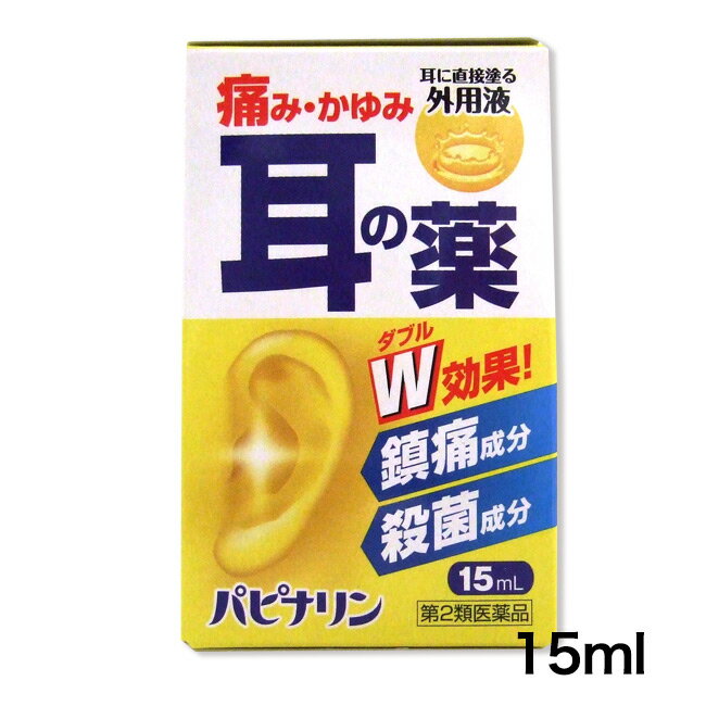 ★出荷日数目安 こちらの商品は、通常3〜4営業日で出荷となります。 商品名 【第2類医薬品】 パピナリン　15ml　【原沢製薬工業】 内容量 15ml 使用上の注意 ■してはいけないこと （守らないと現在の症状が悪化したり、副作用・事故が起こりやすくなります） 1．長期連用しないで下さい 2．点耳用にのみ使用し、眼や鼻に使用しないで下さい ■相談すること 1．次の人は使用前に医師、薬剤師又は登録販売者に相談して下さい 　（1）医師の治療を受けている人。 　（2）薬などによりアレルギー症状（例えば発疹・発赤、かゆみ等）を起こしたことがある人。 　（3）鼓膜が破れている人。 　（4）患部が化膿している人。 2．使用後、次の症状があらわれた場合は副作用の可能性があるので、直ちに使用を中止し、この文書を持って医師、薬剤師又は登録販売者に相談して下さい ［関係部位：症状］ 耳：化膿症状、はれ、刺激感 皮膚：発疹・発赤、かゆみ 3．5〜6日間使用しても症状がよくならない場合は、使用を中止し、この文書を持って医師、薬剤師又は登録販売者に相談して下さい 効能・効果 耳漏、耳痛、耳そう痒、外聴道炎、耳鳴、中耳炎 用法・用量 1回に1〜3滴を耳内に滴下するか、精製綿（脱脂綿）を小球として本液を浸して耳内に挿入して下さい。 ［使用方法］ 1．点耳する場合 耳を上に向けて横になって下さい。スポイトに薬液をとり、スポイトを耳の入口の壁に密着させて1回1〜3滴点耳して下さい。 2．精製綿（脱脂綿）を使用する場合 精製綿（脱脂綿）を小豆大に丸めて薬液を浸し、ピンセットで耳の入口に挿入して下さい。綿が乾いたら取り出して下さい。 3．小児に使用する場合 綿棒に精製綿（脱脂綿）を小さく巻き、薬液を少量浸して耳の入口に軽く塗布して下さい。 　※1日1〜2回を目安にご使用下さい。 用法に関してのご注意 定められた用法・用量を守って下さい。 （1）小児に使用させる場合には、保護者の指導監督のもとに使用させて下さい。 （2）目に入らないように注意して下さい。万一、目に入った場合には、すぐに水又はぬるま湯で洗って下さい。なお、症状が重い場合には、眼科医の診療を受けて下さい。 （3）耳にのみ使用して下さい。 （4）使用前によく振とう（振って）して下さい。 （5）使用の際の薬液の温度が低いと、めまいを起こすおそれがあるので、使用時には、できるだけ体温に近い状態で使用して下さい。 成分・分量 100g中 成分：分量 フェノール：2.00g アミノ安息香酸エチル：0.30g プロカイン塩酸塩：0.30g アクリノール水和物：0.10g ホモスルファミン：0.10g 添加物 流動パラフィン、オリブ油、ヒマシ油、l-メントール 剤形 液剤 保管・取り扱いの注意 （1）直射日光の当たらない湿気の少ない涼しい所に密栓して保管して下さい。 （2）小児の手の届かない所に保管して下さい。 （3）他の容器に入れ替えないで下さい（誤用の原因になったり品質が変わる）。 （4）使用期限を過ぎた製品は使用しないで下さい。 お問合せ先 会社名：原沢製薬工業株式会社 問い合わせ先：お客様相談室 電話：（03）3441-5191 受付時間：9：30〜17：00（土，日，祝日を除く） 使用期限 使用期限まで90日以上ある医薬品をお届けします メーカー名 原沢製薬工業 製造国 日本 ★医薬品の販売について★ 広告文責：株式会社健人　電話番号　048-252-3939 区分：医薬品 サブカテゴリー：　医薬品分類 > 第2類医薬品 関連ワード：　耳漏/耳痛/耳そう痒/外聴道炎/耳鳴/中耳炎 パピナリン　15ml　【原沢製薬工業】 ページトップへ【第2類医薬品】 パピナリン　15ml　【原沢製薬工業】 「パピナリン　15ml」は、アミノ安息香酸エチルおよびプロカイン塩酸塩の鎮痛作用、フェノール、アクリノール水和物およびホモスルファミンの殺菌作用などにより、耳鳴、耳漏、耳掻痒、耳痛、外聴道炎、中耳炎に効果を発揮します。 ※綿棒、スポイトの付属品がなくなりました。 【ご注意】　こちらの商品は第2類医薬品です。必ず、使用上の注意（してはいけないこと・相談すること）をご確認の上お買い求めください。