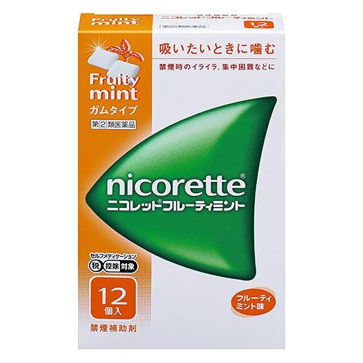 ★出荷日数目安 こちらの商品は、通常3〜4営業日で出荷となります。 商品名 【第(2)類医薬品】 ニコレットフルーティミント　12個　【ジョンソン＆ジョンソン】 [セルフメディケーション税制対象] 内容量 12個 使用上の注意 ■してはいけないこと （守らないと現在の症状が悪化したり、副作用が起こりやすくなる） 1．次の人は使用しないこと 　（1）非喫煙者〔タバコを吸ったことのない人及び現在タバコを吸っていない人〕（吐き気、めまい、腹痛などの症状があらわれることがある。） 　（2）すでに他のニコチン製剤を使用している人 　（3）妊婦又は妊娠していると思われる人 　（4）重い心臓病を有する人 　　1）3ヵ月以内に心筋梗塞の発作を起こした人 　　2）重い狭心症と医師に診断された人 　　3）重い不整脈と医師に診断された人 　（5）急性期脳血管障害（脳梗塞、脳出血等）と医師に診断された人 　（6）うつ病と医師に診断された人 　（7）本剤又は本剤の成分によりアレルギー症状（発疹・発赤、かゆみ、浮腫等）を起こしたことがある人 　（8）あごの関節に障害がある人 2．授乳中の人は本剤を使用しないか、本剤を使用する場合は授乳を避けること 　（母乳中に移行し、乳児の脈が速まることが考えられる。） 3．本剤を使用中あるいは使用直後に次のことをしないこと 　（1）喫煙 　（2）ニコチンパッチ製剤の使用 4．6ヵ月を超えて使用しないこと ■相談すること 1．次の人は使用前に医師、歯科医師、薬剤師又は登録販売者に相談すること 　（1）医師又は歯科医師の治療を受けている人 　（2）他の薬を使用している人 　　（他の薬の作用に影響を与えることがある。） 　（3）高齢者及び20歳未満の人 　（4）薬などによりアレルギー症状を起こしたことがある人 　（5）次の症状のある人 　　腹痛、胸痛、口内炎、のどの痛み・のどのはれ 　（6）次の診断を受けた人 　　心臓疾患（心筋梗塞、狭心症、不整脈）、脳血管障害（脳梗塞、脳出血等）、バージャー病（末梢血管障害）、高血圧、甲状腺機能障害、褐色細胞腫、糖尿病（インスリン製剤を使用している人）、咽頭炎、食道炎、胃・十二指腸潰瘍、肝臓病、腎臓病（症状を悪化させたり、現在使用中の薬の作用に影響を与えることがある。） 2．使用後、次の症状があらわれた場合は副作用の可能性があるので、直ちに使用を中止し、この文書を持って医師、薬剤師又は登録販売者に相談すること ［関係部位：症状］ 口・のど：口内炎、のどの痛み 消化器：吐き気・嘔吐、腹部不快感、胸やけ、食欲不振、下痢 皮膚：発疹・発赤、かゆみ 精神神経系：頭痛、めまい、思考減退、眠気 循環器：動悸 その他：胸部不快感、胸部刺激感、顔面潮紅、顔面浮腫、気分不良 3．使用後、次のような症状があらわれることがあるので、このような症状の持続又は増強が見られた場合には、使用を中止し、この文書を持って医師、歯科医師、薬剤師又は登録販売者に相談すること 　（1）口内・のどの刺激感、舌の荒れ、味の異常感、唾液増加、歯肉炎 　　（ゆっくりかむとこれらの症状は軽くなることがある。） 　（2）あごの痛み 　　（他に原因がある可能性がある。） 　（3）しゃっくり、げっぷ 4．誤って定められた用量を超えて使用したり、小児が誤飲した場合には、次のような症状があらわれることがあるので、その場合には、この文書を持って直ちに医師、薬剤師又は登録販売者に相談すること 　吐き気、唾液増加、腹痛、下痢、発汗、頭痛、めまい、聴覚障害、全身脱力（急性ニコチン中毒の可能性がある。） 5．3ヵ月を超えて継続する場合は、この文書を持って医師、薬剤師又は登録販売者に相談すること 　（長期・多量使用によりニコチン依存が本剤に引き継がれることがある。） 効能・効果 禁煙時のイライラ・集中困難・落ち着かないなどの症状の緩和 用法・用量 タバコを吸いたいと思ったとき、1回1個をゆっくりと間をおきながら、30〜60分間かけてかむ。1日の使用個数は表を目安とし、通常、1日4〜12個から始めて適宜増減するが、1日の総使用個数は24個を超えないこと。禁煙になれてきたら（1ヵ月前後）、1週間ごとに1日の使用個数を1〜2個ずつ減らし、1日の使用個数が1〜2個となった段階で使用をやめる。なお、使用期間は3ヵ月をめどとする。 ［1回量：1日最大使用個数：使用開始時の1日の使用個数の目安（禁煙前の1日の喫煙本数）：使用開始時の1日の使用個数の目安（1日の使用個数）］ 1個：24個：20本以下：4〜6個 1個：24個：21〜30本：6〜9個 1個：24個：31本以上：9〜12個 用法に関してのご注意 1．タバコを吸うのを完全に止めて使用すること。 2．1回に2個以上かまないこと（ニコチンが過量摂取され、吐き気、めまい、腹痛などの症状があらわれることがある。）。 3．辛みや刺激感を感じたらかむのを止めて、ほほの内側などに寄せて休ませること。 4．本剤はガム製剤であるので飲み込まないこと。また、本剤が入れ歯などに付着し、脱落・損傷を起こすことがあるので、入れ歯などの歯科的治療を受けたことのある人は、使用に際して注意すること。 5．コーヒーや炭酸飲料などを飲んだ後、しばらくは本剤を使用しないこと（本剤の十分な効果が得られないことがある。）。 6．口内に使用する吸入剤やスプレー剤とは同時に使用しないこと（口内・のどの刺激感、のどの痛みなどの症状を悪化させることがある。）。 成分・分量 1個中 成分：分量 ニコチン：2mg 添加物 イオン交換樹脂、キシリトール、アセスルファムカリウム、炭酸水素ナトリウム、炭酸ナトリウム、酸化マグネシウム、タルク、ハッカ油、l-メントール、アラビアゴム末、酸化チタン、カルナウバロウ、炭酸カルシウム、ジブチルヒドロキシトルエン(BHT)、ヒプロメロース(ヒドロキシプロピルメチルセルロース)、スクラロース、ポリソルベート80、香料、その他9成分 薬効分類 禁煙補助剤 剤形 その他 保管・取り扱いの注意 1．直射日光の当たらない湿気の少ない涼しい所に保管すること（高温の場所に保管すると、ガムがシートに付着して取り出しにくくなる。）。 2．本剤は小児が容易に開けられない包装になっているが、小児の手の届かない所に保管すること。 3．他の容器に入れ替えないこと（誤用の原因になったり、品質が変わる。）。 4．使用期限を過ぎた製品は使用しないこと。 5．かみ終わったガムは紙などに包んで小児の手の届かない所に捨てること。 お問合せ先 会社名：ジョンソン・エンド・ジョンソン株式会社 問い合わせ先：ニコレット禁煙支援センター 電話：フリーダイヤル　0120-250103 受付時間：9：00〜17：00（土・日・祝日を除く） その他：●ニコレット　ホームページ　www.nicorette.jp/ その他：緊急時・中毒等の連絡先　（財）日本中毒情報センター　中毒110番　大阪　TEL：072-727-2499（365日　24時間対応）　つくば　TEL：029-852-9999（365日 9：00〜21：00） 使用期限 使用期限まで90日以上ある医薬品をお届けします メーカー名 ジョンソン＆ジョンソン ブランド ニコレット 製造国 日本 ★医薬品の販売について★ 広告文責：株式会社健人　電話番号　048-252-3939 区分：医薬品 サブカテゴリー：　医薬品分類 > 指定第2類医薬品 関連ワード：　禁煙補助剤/イライラ/集中困難/緩和 こちらの商品もおすすめ ニコレットフルーティミント　24個 ニコレットフルーティミント　96個 添付文書 ニコレットフルーティミント　12個　【ジョンソン＆ジョンソン】 ページトップへ【第(2)類医薬品】 ニコレットフルーティミント　12個　【ジョンソン＆ジョンソン】 「ジョンソン・エンド・ジョンソン　ニコレットフルーティミント　12個」は、タバコをやめたいと望む人のための医薬品で、禁煙時のイライラ・集中困難などの症状を緩和します。（タバコをきらいにさせる作用はありません） 使用期間は3ヵ月をめどとし、使用量を徐々に減らすことで、あなたを無理のない禁煙へ導きます。タバコを吸わない人や現在吸っていない人は、身体に好ましくない作用を及ぼしますので使用しないでください。シュガーレスコーティングで、かみやすいニコチンガム製剤です。 【ご注意】　こちらの商品は指定第2類医薬品です。小児、高齢者他、禁忌事項に該当する場合は、重篤な副作用が発生する恐れがあります。必ず使用上の注意（してはいけないこと・相談すること）をご確認ください。不明点がある場合は医師、薬剤師または登録販売者にご相談ください。