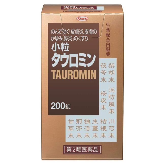 ★出荷日数目安 こちらの商品は、通常3〜4営業日で出荷となります。 商品名 【第2類医薬品】 小粒タウロミン　200錠　【興和】 [セルフメディケーション税制対象] 内容量 200錠 使用上の注意 ■してはいけないこと （守らないと現在の症状が悪化したり、副作用・事故が起こりやすくなります） 1．本剤を服用している間は、次のいずれの医薬品も使用しないでください 　他のアレルギー用薬、抗ヒスタミン剤を含有する内服薬等（かぜ薬、鎮咳去痰薬、鼻炎用内服薬、乗物酔い薬等） 2．服用後、乗物又は機械類の運転操作をしないでください 　（眠気等があらわれることがあります。） 3．長期連用しないでください ■相談すること 1．次の人は服用前に医師、薬剤師又は登録販売者に相談してください 　（1）医師の治療を受けている人。 　（2）妊婦又は妊娠していると思われる人。 　（3）薬などによりアレルギー症状を起こしたことがある人。 　（4）次の症状のある人。排尿困難 　（5）次の診断を受けた人。緑内障 2．服用後、次の症状があらわれた場合は副作用の可能性がありますので、直ちに服用を中止し、この添付文書を持って医師、薬剤師又は登録販売者に相談してください ［関係部位：症状］ 皮膚：発疹・発赤、かゆみ 消化器：吐き気・嘔吐、食欲不振 泌尿器：排尿困難 　まれに次の重篤な症状が起こることがあります。その場合は直ちに医師の診療を受けてください。 ［症状の名称：症状］ 再生不良性貧血：青あざ、鼻血、歯ぐきの出血、発熱、皮膚や粘膜が青白くみえる、疲労感、動悸、息切れ、気分が悪くなりくらっとする、血尿等があらわれる。 無顆粒球症：突然の高熱、さむけ、のどの痛み等があらわれる。 3．服用後、次の症状があらわれることがありますので、このような症状の持続又は増強が見られた場合には、服用を中止し、この添付文書を持って医師、薬剤師又は登録販売者に相談してください 　口のかわき、眠気 4．5〜6日間服用しても症状がよくならない場合は服用を中止し、この添付文書を持って医師、薬剤師又は登録販売者に相談してください 効能・効果 湿疹、皮膚炎、じんま疹、皮膚のかゆみ、鼻炎 用法・用量 次の量を水又は温湯で服用してください。症状により通常量の2〜3倍服用することもできます。 ［年齢：1回量：1日服用回数］ 成人（15歳以上）：12錠：3回 8歳以上15歳未満：6錠：3回 5歳以上8歳未満：4錠：3回 3歳以上5歳未満：2錠：3回 3歳未満の幼児：服用しないこと 用法に関してのご注意 （1）用法・用量を厳守してください。 （2）小児に服用させる場合には、保護者の指導監督のもとに服用させてください。 （3）3歳以上の幼児に服用させる場合には、薬剤がのどにつかえることのないよう、よく注意してください。 成分・分量 36錠中 成分：分量：内訳 サイコ末：90mg： ハマボウフウ末：90mg： センキュウ末：90mg： ブクリョウ末：90mg： オウヒ末：90mg： キキョウ末：90mg： ショウキョウ末：90mg： ドクカツ末：54mg： ケイガイ末：54mg： カンゾウ末：54mg： リン酸水素カルシウム：1080mg： 乳酸カルシウム：360mg： ヨクイニン末：360mg： アミノエチルスルホン酸(タウリン)：36mg： グルクロノラクトン：36mg： チアミン硝化物：7.2mg： リボフラビン：7.2mg： ピリドキシン塩酸塩：3.6mg： ニコチン酸アミド：14.4mg： パントテン酸カルシウム：14.4mg： イノシトール：18mg： エルゴカルシフェロール：9μg：（360 I.U.） クロルフェニラミンマレイン酸塩：3.6mg： 添加物 デキストリン、バレイショデンプン、カルメロースカルシウム(CMC-Ca)、乳糖、ステアリン酸マグネシウム、タルク 剤形 錠剤 保管・取り扱いの注意 （1）高温をさけ、直射日光の当たらない湿気の少ない涼しい所に密栓して保管してください。 （2）小児の手の届かない所に保管してください。 （3）他の容器に入れ替えないでください。（誤用の原因になったり品質が変わります。） （4）水分が錠剤につくと、内容成分の変化のもととなりますので、水滴を落としたり、ぬれた手で触れないでください。誤って錠剤をぬらした場合は、ぬれた錠剤を廃棄してください。 （5）ビンの中の乾燥剤は、本剤を使い終わるまで捨てないでください。また、間違って服用しないよう注意してください。 （6）ビンの中の詰め物（ビニール）は、輸送中に錠剤が破損するのを防止するために入れてあるもので、キャップをあけた後は、必ず捨ててください。 （7）ビンのキャップのしめ方が不十分な場合、湿気などにより、品質に影響を与える場合がありますので、服用のつどキャップをよくしめてください。 （8）使用期限（外箱及びラベルに記載）をすぎた製品は服用しないでください。 お問合せ先 会社名：興和株式会社 住所：〒103-8433 東京都中央区日本橋本町三丁目4-14 問い合わせ先：医薬事業部　お客様相談センター 電話：03-3279-7755　FAX：03-3279-7566 受付時間：月〜金（祝日を除く）9：00〜17：00 使用期限 使用期限まで90日以上ある医薬品をお届けします メーカー名 興和 ブランド タウロミン 製造国 日本 ★医薬品の販売について★ 広告文責：株式会社健人　電話番号　048-252-3939 区分：医薬品 サブカテゴリー：　医薬品分類 > 第2類医薬品 関連ワード：　湿疹/皮膚炎/じんましん/皮膚のかゆみ/鼻炎 こちらの商品もおすすめ 小粒タウロミン　1400錠 小粒タウロミン　2700錠 小粒タウロミン　630錠 添付書類 小粒タウロミン　200錠　【興和】 ページトップへ【第2類医薬品】 小粒タウロミン　200錠　【興和】 「小粒タウロミン　200錠」は、皮膚の炎症や鼻炎（鼻の皮膚粘膜の炎症）に有効な生薬にカルシウム、ビタミン、アミノ酸などの栄養成分を配合した、皮膚疾患・鼻炎のための内服治療剤です。3歳以上の幼児から大人まで幅広く服用していただけるよう、小粒の錠剤にしています。 【ご注意】　こちらの商品は第2類医薬品です。必ず、使用上の注意（してはいけないこと・相談すること）をご確認の上お買い求めください。