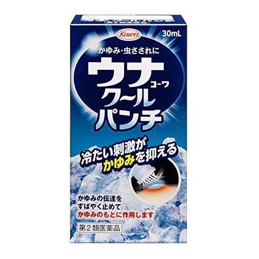 ★出荷日数目安 こちらの商品は、通常3〜4営業日で出荷となります。 商品名 【第2類医薬品】 ウナコーワクールパンチ　30mL　【興和】 [セルフメディケーション税制対象] 内容量 30mL 使用上の注意 ■してはいけないこと （守らないと現在の症状が悪化したり、副作用が起こりやすくなります） 次の部位には使用しないでください 　（1）創傷面。 　（2）目や目の周囲、粘膜等。 ■相談すること 1．次の人は使用前に医師、薬剤師又は登録販売者に相談してください 　（1）医師の治療を受けている人。 　（2）薬などによりアレルギー症状を起こしたことがある人。 　（3）湿潤やただれのひどい人。 2．使用後、次の症状があらわれた場合は副作用の可能性がありますので、直ちに使用を中止し、この添付文書を持って医師、薬剤師又は登録販売者に相談してください ［関係部位：症状］ 皮膚：発疹・発赤、かゆみ、はれ、痛み 3．5〜6日間使用しても症状がよくならない場合は使用を中止し、この添付文書を持って医師、薬剤師又は登録販売者に相談してください 効能・効果 かゆみ、虫さされ 用法・用量 1日数回適量を患部に塗布してください。 用法に関してのご注意 （1）用法・用量を守ってください。 （2）小児に使用させる場合には、保護者の指導監督のもとに使用させてください。 （3）目に入らないように注意してください。万一、目に入った場合には、すぐに水又はぬるま湯で洗ってください。なお、症状が重い場合には、眼科医の診療を受けてください。 （4）外用にのみ使用してください。 （5）薬剤塗布後の患部をラップフィルム等の通気性の悪いもので覆わないでください。また、ひざの裏やひじの内側等に使用する場合は、皮膚を密着（正座等）させないでください。 ○入浴や運動の前後の使用は、刺激を強く感じることがありますので皮膚の弱い人は注意してください。刺激が強すぎる場合は、水か石けんで洗い流してください。 成分・分量 1mL中 成分：分量 ジフェンヒドラミン塩酸塩：20mg リドカイン：10mg l-メントール：40mg dl-カンフル：20mg 添加物 ノニル酸ワニリルアミド、エデト酸ナトリウム、エタノール 剤形 液剤 保管・取り扱いの注意 （1）高温をさけ、直射日光の当たらない涼しい所に密栓して保管してください。 （2）小児の手の届かない所に保管してください。 （3）他の容器に入れ替えないでください。（誤用の原因になったり品質が変わります。） （4）本剤のついた手で、目など粘膜に触れないでください。 （5）容器が変形するおそれがありますので、車の中など、高温になる場所に放置しないでください。容器の変形により、ブラシ部分の脱落や、液もれがおこるおそれがありますので注意してください。 （6）本剤が衣類や寝具などに付着し、汚れた場合にはなるべく早く水か洗剤で洗い落としてください。 （7）メガネ、時計、アクセサリーなどの金属類、衣類、プラスチック類、床や家具などの塗装面等に付着すると変質することがありますので、付着しないように注意してください。 （8）火気に近づけないでください。 （9）使用期限（外箱及び容器に記載）をすぎた製品は使用しないでください。 お問合せ先 会社名：興和株式会社 問い合わせ先：お客様相談センター 電話：03-3279-7755 受付時間：月〜金（祝日を除く）9：00〜17：00 使用期限 使用期限まで90日以上ある医薬品をお届けします メーカー名 興和 ブランド ウナコーワ 製造国 日本 ★医薬品の販売について★ 広告文責：株式会社健人　電話番号　048-252-3939 区分：医薬品 サブカテゴリー：　医薬品分類 > 第2類医薬品 関連ワード：　かゆみ/虫さされ こちらの商品もおすすめ ウナコーワクールα　30mL ウナコーワクールα　55mL ウナコーワクールジェル　15g ウナコーワクールパンチ　50mL 添付書類 ウナコーワクールパンチ　30mL　【興和】 ページトップへ【第2類医薬品】 ウナコーワクールパンチ　30mL　【興和】 「ウナコーワクールパンチ　30mL」は、リドカインとジフェンヒドラミン塩酸塩のダブル作用で、かゆみをしっかりと抑え、虫さされ等による患部のかゆみやほてりといった不快な症状にしっかり効きます。ガツンと冷たくて気持ちいい！ 冷たい刺激がかゆみを抑えます。 【ご注意】　こちらの商品は第2類医薬品です。必ず、使用上の注意（してはいけないこと・相談すること）をご確認の上お買い求めください。