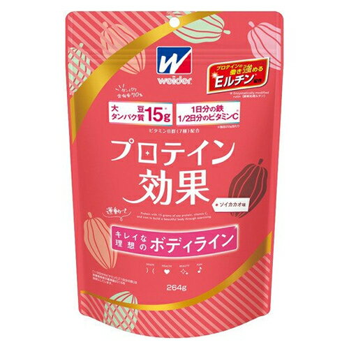 ★出荷日数目安 こちらの商品は、通常3〜4営業日で出荷となります。 商品名 ウイダー　プロテイン効果　ソイカカオ味　264g　【森永製菓】 内容量 264g（12回分） メーカー名 森永製菓 ブランド ウイダー(WEIDER) 素材・原材料・成分 大豆たんぱく、ココアパウダー、砂糖、食用油脂／香料、乳化剤、甘味料（アスパルテーム・L?フェニルアラニン化合物、スクラロース）、V．C、酵素処理ルチン、ピロリン酸鉄、V．E、ナイアシン、パントテン酸Ca、V．B6、V．B2、V．B1、葉酸、V．B12、（一部に乳成分・大豆を含む） お召し上がり方 ●200mlの水、牛乳などに付属スプーン3杯(約22g)を溶かし、すみやかにお飲みください。 ●食事内容や運動量、体格によって飲む量や回数を調節してください。 保存方法 直射日光・高温・多湿を避けて保存してください。 開封後はチャックをしっかり閉めて、お早めにお召し上がりください。また、ぬれたスプーンを袋に入れないでください。 その他 ■栄養成分表示（1食22g中） エネルギー：83kcal、たんぱく質：15.5g、脂質：1.2g、炭水化物：2.6g、食塩相当量：0.26〜0.91g、鉄：7.0mg、ナイアシン：8.8mg、パントテン酸：2.6mg、ビタミンB1：0.51mg、ビタミンB2：0.59mg、ビタミンB6：0.62mg、ビタミンB12：0.8〜3.6μg、ビタミンC：63mg、ビタミンE：2.6mg、葉酸：140μg、たんぱく質無水物換算値：16.2g アレルギー：乳、大豆 小麦を含む製品と共通の設備で製造しています。 原産国または製造国 日本 賞味期限 パッケージまたはラベルに記載 広告文責：株式会社健人　電話番号　048-252-3939 区分：スポーツ サブカテゴリー：　プロテイン・サプリメント > プロテイン > 大豆プロテイン こちらの商品もおすすめ ウイダー　プロテイン効果　ソイカカオ味　660g ウイダー　プロテイン効果　ソイカカオ味　264g　【森永製菓】 ページトップへウイダー　プロテイン効果　ソイカカオ味　264g　【森永製菓】 「ウイダー　プロテイン効果　ソイカカオ味　264g」は、大豆タンパク質15g配合のほか、1／2日分のビタミンC、1日分の鉄分を配合。更に、プロテインの働きを強めるEルチン配合し、運動によって本格的にキレイなカラダづくりをサポートします。