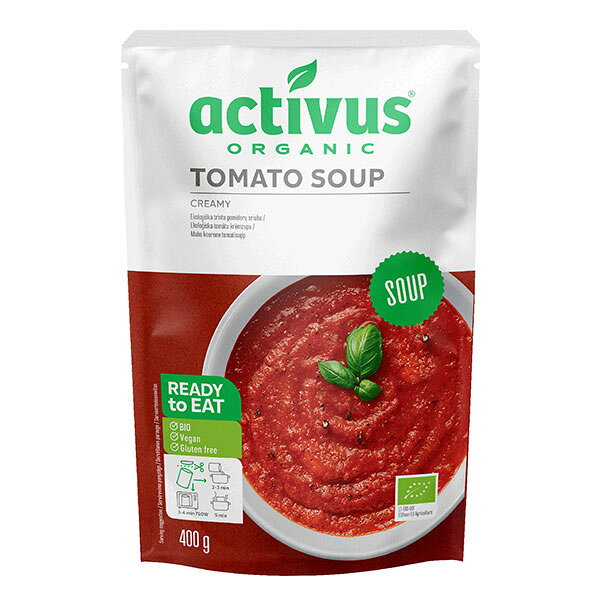 ★出荷日数目安 こちらの商品は、通常3〜4営業日で出荷となります。 商品名 activus　オーガニックトマトスープ　400g　【むそう商事】 内容量 400g メーカー名 むそう商事 素材・原材料・成分 有機野菜（人参、トマト、玉ねぎ、西洋ネギ）、有機トマトペースト、有機菜種油、有機米粉、食塩、有機てんさい糖、有機パプリカパウダー、有機香辛料（黒コショウ、バジル、ベイリーフ、オレガノ） お召し上がり方 【電子レンジで温める場合】 ●耐熱容器に移し、ラップをかけて600Wで約4分温めてください。 ※ラップを取る際に、熱くなった具やソースがはねることがありますので注意してください。 【お鍋で温める場合】 ●袋のまま沸騰したお湯で約10分温めてください。 ●お鍋にスープを入れ、かき混ぜながら中火で約3分温めてください。 ※湯煎後、開封する際に中身が吹き出す恐れがありますので注意してください。 ☆夏場は、冷蔵庫で冷やしオリーブオイルをかけるだけで冷製スープに 保存方法 直射日光を避けて常温で保存してください ご注意 開封後は、すぐにお召し上がりください。 その他 ◆栄養成分表示(100gあたり) エネルギー　70kcal、たんぱく質　1.0g、脂質　4.3g、炭水化物　6.1g、食塩相当量　0.7g ◆アレルゲン 小麦、そば 原産国または製造国 リトアニア 賞味期限 パッケージまたはラベルに記載 広告文責：株式会社健人　電話番号　048-252-3939 区分：セレクトフード サブカテゴリー：　食材・加工食品 > スープ こちらの商品もおすすめ activus　オーガニックキャロットスープ　400g activus　オーガニックミネストローネ　400g activus　オーガニックマッシュルームスープ　400g activus　オーガニックビーツスープ　400g activus　オーガニックコーンスープ　400g activus　オーガニックチリビーンズ　400g activus　オーガニックトマトスープ　400g　【むそう商事】 ページトップへactivus　オーガニックトマトスープ　400g　【むそう商事】 「activus　オーガニックトマトスープ　400g」は、バジルやオレガノのスパイスも入ったさわやかトマトのスープです。口当たりもまろやかでポタージュのように濃厚な味わい。保存料・化学調味料は一切使用していません。ヴィーガンやベジタリアンの方にもオススメです。