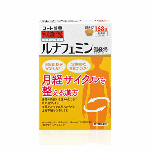 ※こちらの商品は、メール便（ネコポス）対応品です。2個以上の購入や他の商品と同梱の場合は、宅配便での配送となります。また、1個から宅配便を選択することも可能です。宅配便配送の場合は所定の送料がかかりますので、あらかじめご了承ください。 &#9654;メール便に関して、詳しくはこちら ★出荷日数目安 こちらの商品は、通常3〜4営業日で出荷となります。 商品名 【第2類医薬品】 ルナフェミン 168錠 【ロート製薬】 内容量 168錠 使用上の注意 ■相談すること 1．次の人は服用前に医師、薬剤師又は登録販売者に相談すること。 　（1）医師の治療を受けている人 　（2）妊婦又は妊娠していると思われる人 　（3）胃腸の弱い人 　（4）高齢者 　（5）今までに薬などにより発疹・発赤、かゆみ等を起こしたことがある人 　（6）次の症状のある人：むくみ 　（7）次の診断を受けた人：高血圧、心臓病、腎臓病 2．服用後、次の症状があらわれた場合は副作用の可能性があるので、直ちに服用を中止し、この袋を持って医師、薬剤師又は登録販売者に相談すること。 ［関係部位：症状］ 皮ふ：発疹・発赤、かゆみ 　●まれに下記の重篤な症状が起こることがある。その場合は直ちに医師の診療を受けること。 ［症状の名称：症状］ 偽アルドステロン症：手足のだるさ、しびれ、つっぱり感やこわばりに加えて、脱力感、筋肉痛があらわれ、徐々に強くなる。 ミオパチー：手足のだるさ、しびれ、つっぱり感やこわばりに加えて、脱力感、筋肉痛があらわれ、徐々に強くなる。 3．1ヵ月位服用しても症状がよくならない場合は服用を中止し、この袋を持って医師、薬剤師又は登録販売者に相談すること。 4．長期連用する場合には、医師、薬剤師又は登録販売者に相談すること。 効能・効果 体力中等度以下で、手足がほてり、唇がかわくものの次の諸症：月経不順、月経困難、こしけ（おりもの）、更年期障害、不眠、神経症、湿疹・皮膚炎、足腰の冷え、しもやけ、手あれ（手の湿疹・皮膚炎） 用法・用量 次の量を1日3回食前又は食間に、水又はお湯で服用すること。 ※食間とは、食後2〜3時間を指す。 ［年齢：1回量］ 成人（15才以上）：4錠 7才以上15才未満：3錠 7才未満：服用しないこと 用法に関してのご注意 （1）用法・用量を厳守すること。 （2）小児に服用させる場合には、保護者の指導監督のもとに服用させること。 成分・分量 12錠中 成分：分量：内訳 温経湯エキス：3520mg：（ハンゲ・バクモンドウ各2g、トウキ1.5g、センキュウ・シャクヤク・ニンジン・ケイヒ・ゼラチン・ボタンピ・カンゾウ各1g、ゴシュユ0.5g、ショウキョウ0.25g） 添加物 メタケイ酸アルミン酸マグネシウム、炭酸水素カリウム、ラウリル硫酸ナトリウム、ステアリン酸マグネシウム、マクロゴール、カラメル、ヒプロメロース(ヒドロキシプロピルメチルセルロース)、タルク 薬効分類 温経湯 剤形 錠剤 保管・取り扱いの注意 （1）直射日光の当たらない湿気の少ない涼しい所に密栓して保管すること。 （2）小児の手の届かない所に保管すること。 （3）他の容器に入れ替えないこと。（誤用の原因になったり品質が変わる） （4）湿気により、変色など品質に影響を与える場合があるので、ぬれた手で触れないこと。 （5）使用期限を過ぎた製品は服用しないこと。なお、使用期限内であっても一度開封した後は、なるべく早く使用すること。 お問合せ先 問い合わせ先：お客さま安心サポートデスク　ルナフェミン専用相談室 電話：0120-280-610 受付時間：9：00〜18：00（土、日、祝日を除く） 使用期限 使用期限まで90日以上ある医薬品をお届けします メーカー名 ロート製薬 製造国 日本 ★医薬品の販売について★ 広告文責：株式会社健人　電話番号　048-252-3939 区分：医薬品 サブカテゴリー：　医薬品分類 > 第2類医薬品 関連ワード：　月経不順/月経困難/おりもの/更年期障害/不眠/神経症 添付文書 ルナフェミン 168錠 【ロート製薬】 ページトップへ【第2類医薬品】 ルナフェミン 168錠 【ロート製薬】 「和漢箋 ルナフェミン 168錠」は、身体を内側から温めるゴシュユやショウキョウ、滞った血の巡りを改善するボタンピやセンキュウ、血を補うトウキやシャクヤクなど、12種類の生薬からなる漢方薬です。身体の内側から温めるとともに血の巡りをよくし、女性ホルモンの乱れなどからくる月経不順や月経困難、足腰の冷えを改善します。体力中等度以下で、手足がほてり、唇がかわく7才以上の方から服用できます。 【ご注意】　こちらの商品は第2類医薬品です。必ず、使用上の注意（してはいけないこと・相談すること）をご確認の上お買い求めください。