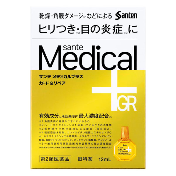 ※こちらの商品は、メール便（ネコポス）対応品です。9個以上の購入や他の商品と同梱の場合は、宅配便での配送となります。また、1個から宅配便を選択することも可能です。宅配便配送の場合は所定の送料がかかりますので、あらかじめご了承ください。 ▶メール便に関して、詳しくはこちら ★出荷日数目安 こちらの商品は、通常3〜4営業日で出荷となります。 商品名 【第2類医薬品】 サンテメディカルプラス　ガード＆リペア　12mL　【参天製薬】 [セルフメディケーション税制対象] 内容量 12mL 使用上の注意 相談すること 1.次の人は使用前に医師、薬剤師または登録販売者にご相談ください。 (1）医師の治療を受けている人 (2）薬などによりアレルギー症状を起こしたことがある人 (3）次の症状のある人 　はげしい目の痛み (4）次の診断を受けた人 　緑内障 2.使用後、次の症状があらわれた場合は副作用の可能性があるので、直ちに使用を中止し、この文書を持って医師、薬剤師または登録販売者にご相談ください。 　皮ふ：発疹・発赤、かゆみ 　目：充血、かゆみ、はれ、しみて痛い 3.次の場合は使用を中止し、この文書を持って医師、薬剤師または登録販売者にご相談ください。 (1）目のかすみが改善されない場合 (2）5〜6日間使用しても症状がよくならない場合 効能・効果 紫外線その他の光線による眼炎（雪目など）、眼瞼炎（まぶたのただれ）、眼病予防（水泳のあと、ほこりや汗が目に入ったときなど）、結膜充血、ハードコンタクトレンズを装着しているときの不快感 用法・用量 1回1〜3滴、1日5〜6回点眼してください。 用法に関してのご注意 次の注意事項をお守りください。 (1）過度に使用すると、異常なまぶしさを感じたり、かえって充血を招くことがあります。 (2）小児に使用させる場合には、保護者の指導監督のもとに使用させてください。 (3）容器の先を、目やまぶた、まつ毛に触れさせないでください（目やにや雑菌などの混入のため、薬液が汚染または混濁することがあります）。また、混濁したものは使用しないでください。 (4）ソフトコンタクトレンズを装着したまま使用しないでください。 (5）点眼用にのみ使用してください。 成分・分量 成分：分量 硫酸亜鉛水和物：0.25% コンドロイチン硫酸エステルナトリウム：0.5% パンテノール：0.1% アミノエチルスルホン酸(タウリン)：0.5% 塩酸ピリドキシン（ピリドキシン塩酸塩）：0.1% L-アスパラギン酸カリウム：0.5% ネオスチグミンメチル硫酸塩：0.005% クロルフェニラミンマレイン酸塩：0.03% イプシロン-アミノカプロン酸：1.0% グリチルリチン酸二カリウム：0.05% 塩酸テトラヒドロゾリン：0.05% 添加物 エデト酸ナトリウム水和物、クロロブタノール、ゲラニオール、ホウ酸、ヒアルロン酸ナトリウム、ポリソルベート80、d-ボルネオール、l-メントール、等張化剤、pH調節剤 薬効分類 一般点眼薬 剤形 液剤 保管・取り扱いの注意 (1）直射日光の当たらない涼しい所に密栓して保管してください。製品の品質を保持するため、自動車の中や暖房器具の近くなど高温となる場所に放置しないでください。また、高温となる場所に放置したものは、容器が変形して薬液が漏れたり薬液の品質が劣化しているおそれがありますので、使用しないでください。 (2）小児の手の届かない所に保管してください。 (3）他の容器に入れ替えないでください。（誤用の原因になったり品質が変わることがあります。） (4）他の人と共用しないでください。 (5）使用期限をすぎた製品は使用しないでください。また、使用期限内であっても、開封後はできるだけ速やかに使用してください。 (6）保存の状態によっては、成分の結晶が容器の点眼口周囲やキャップの内側に白くつくことがあります。その場合には清潔なガーゼで軽くふき取って使用してください。 お問合せ先 問合せ先名：参天製薬株式会社「お客様相談室」 問合せ先TEL：0120-127-023 問合せ先受付時間：9:00〜17:00（土・日・祝日を除く） お問合せ内容の正確性を期すため、また回答の質の維持。向上のため、お電話を特音させていただいております。 使用期限 使用期限まで90日以上ある医薬品をお届けします メーカー名 参天製薬 製造国 日本 ★医薬品の販売について★ 広告文責：株式会社健人　電話番号　048-252-3939 区分：医薬品 サブカテゴリー：　医薬品分類 > 第2類医薬品 関連ワード：　紫外線その他の光線による眼炎/眼瞼炎/眼病予防/結膜充血 添付文書 サンテメディカルプラス　ガード＆リペア　12mL　【参天製薬】 ページトップへ【第2類医薬品】 サンテメディカルプラス　ガード＆リペア　12mL　【参天製薬】 「サンテメディカルプラス　ガード＆リペア　12mL」は、角膜修復＆バリア機能向上成分※5である硫酸亜鉛水和物、角膜の組織代謝を活発にするパンテノール、角膜にうるおいを与えて保護するコンドロイチン硫酸エステルナトリウムをはじめとする7つの有効成分※6を承認基準内最大濃度※7配合し、計11種の有効成分を配合。角膜のダメージ※4を修復・保護して、目の炎症※1などの目のトラブルに効果を発揮する目薬です。 ※1 紫外線その他の光線による眼炎（雪目など） ※2 水泳のあと、ほこりや汗が目に入ったときなど ※3 ハードコンタクトレンズを装着しているときの不快感 ※4 角膜表面の軽度なこすれによるもの ※5 松浦英里 ほか 医学と薬学 82(5)：P241,2025 ※6 硫酸亜鉛水和物、コンドロイチン硫酸エステルナトリウム、パンテノール、ピリドキシン塩酸塩、ネオスチグミンメチル硫酸塩、クロルフェニラミンマレイン酸塩、塩酸テトラヒドロゾリン ※7 一般用眼科用薬製造販売承認基準の最大濃度配合（承認基準とは厚生労働省が承認事務の効率化を図るために定めた医薬品の範囲のこと） 【ご注意】　こちらの商品は第2類医薬品です。必ず、使用上の注意（してはいけないこと・相談すること）をご確認の上お買い求めください。