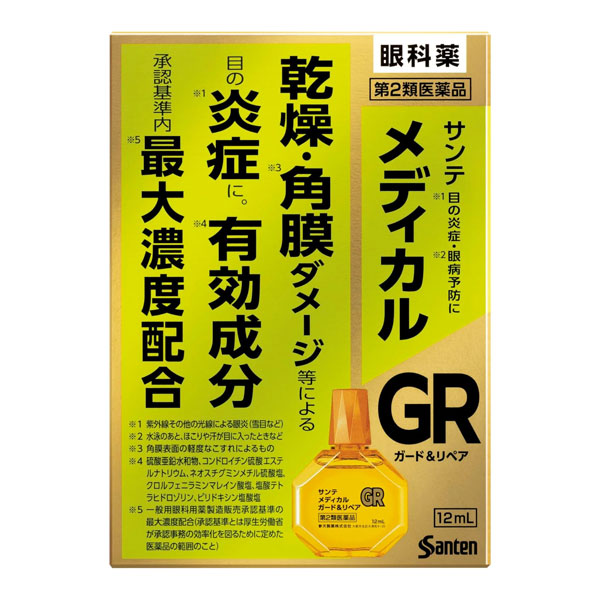 ※こちらの商品は、メール便（ネコポス）対応品です。9個以上の購入や他の商品と同梱の場合は、宅配便での配送となります。また、1個から宅配便を選択することも可能です。宅配便配送の場合は所定の送料がかかりますので、あらかじめご了承ください。 ▶メール便に関して、詳しくはこちら ★出荷日数目安 こちらの商品は、通常3〜4営業日で出荷となります。 商品名 【第2類医薬品】 サンテメディカル　ガード＆リペア　12mL　【参天製薬】 [セルフメディケーション税制対象] 内容量 12mL 使用上の注意 相談すること 1.次の人は使用前に医師、薬剤師または登録販売者にご相談ください。 （1）医師の治療を受けている人 (2）薬などによりアレルギー症状を起こしたことがある人 (3）次の症状のある人 はげしい目の痛み (4）次の診断を受けた人 緑内障 2.使用後、次の症状があらわれた場合は副作用の可能性があるので、直ちに使用を中止し、この文書を持って医師、薬剤師または登録販売者にご相談ください。 皮ふ:発疹・発赤、かゆみ 目：充血、かゆみ、はれ、しみて痛い 3.次の場合は使用を中止し、この文書を持って医師、薬剤師または登録販売者にご相談ください。 （1）目のかすみが改善されない場合 (2）5〜6日間使用しても症状がよくならない場合 効能・効果 紫外線その他の光線による眼炎（雪目など）、眼瞼炎（まぶたのただれ）、眼病予防（水泳のあと、ほこりや汗が目に入ったときなど）、目の疲れ、目のかゆみ、目のかすみ（目やにの多いときなど）、結膜充血、ハードコンタクトレンズを装着しているときの不快感 用法・用量 1回1〜3滴、1日5〜6回点眼してください。 用法に関してのご注意 次の注意事項をお守りください。 （1）過度に使用すると、異常なまぶしさを感じたり、かえって充血を招くことがあります。 （2）小児に使用させる場合には、保護者の指導監督のもとに使用させてください。 （3）容器の先を、目やまぶた、まつ毛に触れさせないでください（目やにや雑菌などの混入のため、薬液が汚染または混濁することがあります。）また、混濁したものは使用しないでください。 （4）ソフトコンタクトレンズを装着したまま使用しないでください。 （5）点眼用にのみ使用してください。 成分・分量 成分：分量 硫酸亜鉛水和物：0.25% コンドロイチン硫酸エステルナトリウム：0.5% アミノエチルスルホン酸(タウリン)：0.5% 塩酸ピリドキシン（ピリドキシン塩酸塩）：0.1% パンテノール：0.05% L-アスパラギン酸カリウム：0.5% ネオスチグミンメチル硫酸塩：0.005% クロルフェニラミンマレイン酸塩：0.03% イプシロン-アミノカプロン酸：1.0% 塩酸テトラヒドロゾリン：0.05% 添加物 エデト酸ナトリウム水和物、クロロブタノール、ゲラニオール、ホウ酸、ヒアルロン酸ナトリウム、ポリソルベート80、d-ボルネオール、l-メントール、等張化剤、pH調節剤 薬効分類 一般点眼薬 剤形 液剤 保管・取り扱いの注意 (1)直射日光の当たらない涼しい所に密栓して保管してください。製品の品質を保持するため、自動車の中や暖房器具の近くなど高温となる場所に放置しないで下さい。また高温となる場所に放置したものは、容器が変形して薬液が漏れたり薬液の品質が劣化しているおそれがありますので、使用しないでください。 (2）小児の手の届かない所に保管してください。 (3）他の容器に入れ替えないでください。（誤用の原因になったり品質が変わることがあります。） (4）他の人と共用しないでください。 (5）使用期限をすぎた製品は使用しないでください。また、使用期限内であっても、開封後はできるだけ速やかに使用してください。 (6）保存の状態によっては、成分の結晶が容器の点眼口周囲やキャップの内側に白くつくことがあります。その場合には清潔なガーゼで軽くふき取って使用してください。 お問合せ先 問合せ先名：参天製薬株式会社「お客様相談室」 電話番号：0120-127-023 受付時間：9:00〜17:00（土・日・祝日を除く） お問い合わせ内容の正確性を期すため、また回答の質の維持・向上のため、お電話を録音させていただいております。 使用期限 使用期限まで90日以上ある医薬品をお届けします メーカー名 参天製薬 製造国 日本 ★医薬品の販売について★ 広告文責：株式会社健人　電話番号　048-252-3939 区分：医薬品 サブカテゴリー：　医薬品分類 > 第2類医薬品 関連ワード：　紫外線その他の光線による眼炎/眼瞼炎/眼病予防/目の疲れ/目のかゆみ 添付文書 サンテメディカル　ガード＆リペア　12mL　【参天製薬】 ページトップへ【第2類医薬品】 サンテメディカル　ガード＆リペア　12mL　【参天製薬】 「サンテメディカル　ガード＆リペア　12mL」は、角膜修復＆バリア機能向上成分※4である硫酸亜鉛水和物、角膜にうるおいを与えて保護するコンドロイチン硫酸エステルナトリウムをはじめとする6つの有効成分※5を承認基準内最大濃度※6配合し、計10種の有効成分を配合。角膜のダメージ※3を修復・保護して、目の炎症(雪目など)※1などの目のトラブルに効果を発揮する目薬です。 ※1 紫外線その他の光線による眼炎（雪目など） ※2 水泳のあと、ほこりや汗が目に入ったときなど ※3 角膜表面の軽度なこすれによるもの ※4 松浦英里 ほか 医学と薬学 82(5)：P241,2025 ※5 硫酸亜鉛水和物、コンドロイチン硫酸エステルナトリウム、ピリドキシン塩酸塩、ネオスチグミンメチル硫酸塩、クロルフェニラミンマレイン酸塩、塩酸テトラヒドロゾリン ※6 一般用眼科用薬製造販売承認基準の最大濃度配合（承認基準とは厚生労働省が承認事務の効率化を図るために定めた医薬品の範囲のこと） 【ご注意】　こちらの商品は第2類医薬品です。必ず、使用上の注意（してはいけないこと・相談すること）をご確認の上お買い求めください。