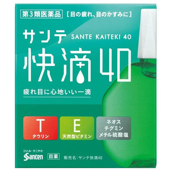 ※こちらの商品は、メール便（ネコポス）対応品です。9個以上の購入や他の商品と同梱の場合は、宅配便での配送となります。また、1個から宅配便を選択することも可能です。宅配便配送の場合は所定の送料がかかりますので、あらかじめご了承ください。 &#9654;メール便に関して、詳しくはこちら ★出荷日数目安 こちらの商品は、通常3〜4営業日で出荷となります。 商品名 【第3類医薬品】 サンテ快滴40　15ml　【参天製薬】 [セルフメディケーション税制対象] 内容量 15ml 使用上の注意 ■相談すること 1．次の人は使用前に医師、薬剤師または登録販売者にご相談ください。 　（1）医師の治療を受けている人 　（2）薬などによりアレルギー症状を起こしたことがある人 　（3）次の症状のある人 　　はげしい目の痛み 　（4）次の診断を受けた人 　　緑内障 2．使用後、次の症状があらわれた場合は副作用の可能性があるので、直ちに使用を中止し、この文書を持って医師、薬剤師または登録販売者にご相談ください。 ［関係部位：症状］ 皮ふ：発疹・発赤、かゆみ 目：充血、かゆみ、はれ、しみて痛い 3．次の場合は使用を中止し、この文書を持って医師、薬剤師または登録販売者にご相談ください。 　（1）目のかすみが改善されない場合 　（2）2週間くらい使用しても症状がよくならない場合 効能・効果 目の疲れ、目のかすみ（目やにの多いときなど）、結膜充血、目のかゆみ、眼病予防（水泳のあと、ほこりや汗が目に入ったときなど）、眼瞼炎（まぶたのただれ）、紫外線その他の光線による眼炎（雪目など）、ハードコンタクトレンズを装着しているときの不快感 用法・用量 1回1〜3滴、1日5〜6回点眼してください。 用法に関してのご注意 （1）小児に使用させる場合には、保護者の指導監督のもとに使用させてください。 （2）容器の先を、目やまぶた、まつ毛に触れさせないでください（目やにや雑菌などの混入のため、薬液が汚染または混濁することがあります）。また、混濁したものは使用しないでください。 （3）ソフトコンタクトレンズを装着したまま使用しないでください。 （4）点眼用にのみ使用してください。 成分・分量 15ml 成分：分量 酢酸d-α-トコフェロール：0.015％ ネオスチグミンメチル硫酸塩：0.005％ アミノエチルスルホン酸(タウリン)：0.1％ クロルフェニラミンマレイン酸塩：0.01％ 添加物 アミノカプロン酸、エデト酸ナトリウム水和物、クロロブタノール、ゲラニオール、ベンザルコニウム塩化物液、ポリソルベート80、d-ボルネオール、l-メントール、等張化剤、pH調節剤 薬効分類 一般点眼薬 剤形 液剤 保管・取り扱いの注意 （1）直射日光の当たらない涼しい所に密栓して保管してください。製品の品質を保持するため、自動車の中や暖房器具の近くなど高温となる場所に放置しないでください。また、高温となる場所に放置したものは、容器が変形して薬液が漏れたり薬液の品質が劣化しているおそれがありますので、使用しないでください。 （2）小児の手の届かない所に保管してください。 （3）他の容器に入れ替えないでください。 　（誤用の原因になったり品質が変わることがあります。） （4）他の人と共用しないでください。 （5）使用期限をすぎた製品は使用しないでください。また、使用期限内であっても、開封後はできるだけ速やかに使用してください。 （6）保存の状態によっては、成分の結晶が容器の点眼口周囲やキャップの内側に白くつくことがあります。その場合には清潔なガーゼで軽くふき取って使用してください。 お問合せ先 会社名：参天製薬株式会社 問い合わせ先：「お客様相談室」 電話：0120-127-023 受付時間：9：00〜17：00（土・日・祝日を除く） その他：www.santen.co.jp 使用期限 使用期限まで90日以上ある医薬品をお届けします メーカー名 参天製薬 ブランド サンテ 製造国 日本 ★医薬品の販売について★ 広告文責：株式会社健人　電話番号　048-252-3939 区分：医薬品 サブカテゴリー：　医薬品分類 > 第3類医薬品 関連ワード：　目のかすみ/目の疲れ/ピント調節/血行促進 添付文書 サンテ快滴40　15ml　【参天製薬】 ページトップへ【第3類医薬品】 サンテ快滴40　15ml　【参天製薬】 「サンテ快滴40」は、血行促進作用・抗酸化作用をもつ天然型ビタミンEやピント調節機能を改善するネオスチグミンメチル硫酸塩などを配合し、目の疲れ・目のかすみ（目やにの多いときなど）を改善するスッキリとしたさし心地の目薬です。 【ご注意】　こちらの商品は第3類医薬品です。必ず、使用上の注意（してはいけないこと・相談すること）をご確認の上お買い求めください。