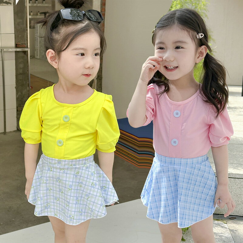 新作 子供用 水着 スイムウェア 気質なパフスリーブ チェック柄 ミディ 上下セット ティーンエイジャー ガールズ 日焼け止め 速乾性 ピンク イエロー 可愛い お洒落 シンプル スイミング ビーチ 温泉