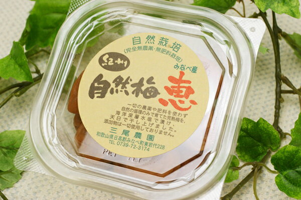 商品情報名称自然梅干　恵原材料名梅、漬け原材料（食塩）原料原産地和歌山県日高郡みなべ町（梅）内容量200g【無肥料・自然栽培】紀州自然梅干200g［和歌山県：三尾農園］ 梅干は酸っぱさ（クエン酸）が命！究極の農法・自然栽培の梅です。 〜　自然栽培の梅　〜 畑を限りなく自然に近づけるように、農薬はもちろんのこと肥料や堆肥等もすべて一切使用せず、自然に生えてくる草木や梅の木の枝葉等のみを土に返し、自然の循環のみで育てました。それは成長がゆるやかで、その木やその土地にあった量を実らせながら、より一段と生命力の強い極めて安全なものとなります。 ＊本梅干は、海洋深層水の塩海洋深層水の塩、高知県室戸岬で海洋深層水から造ったミネラル豊かな貴重な塩です。一般に海の表層水は、陸地から流れ込む様々な有害物質やゴミ等に汚染されている可能性がありますが、深層水はそういったことも殆ど無く、クリーンで栄養性に飛んでいると言われます。＊全て三尾農園自家生産の自然栽培完熟梅を海洋深層水で漬け、天日で干し上げました。添加物は、一切使用しておりません。＊本来、梅干は酸っぱいもの！その酸っぱさが命なのです。今、一般に減塩梅干や味付け梅干などと、酸っぱくない梅干が多く売られておりますが、梅干は減塩をすると塩分と同時に大切なクエン酸も抜けていってしまいます。塩分が少なくなると保存ができなくなるので保存料、クエン酸が減ると味が変わるので調味料.......と、多くの添加物が必要になってくるのです。そしてこれら食品添加物には有害なものが多く、せっかくの健康食としての梅干が、不健康食品や有害食品となりかねません。梅干にこのような手を加えれば加えるほど、本来の梅干としての価値から遠ざかっていってしまいます。そのようなものに梅干の効果を期待してもそれは所詮無理というものです。 本物はシンプルなのです。 3