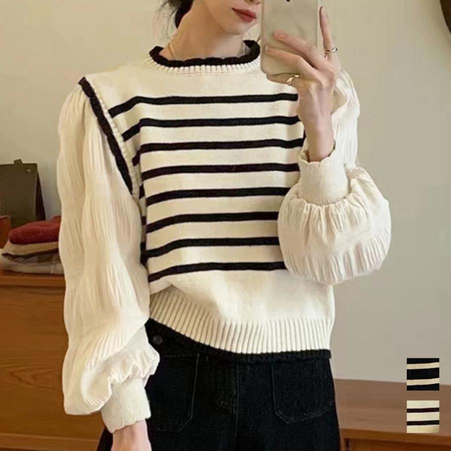 異素材ドッキングニットセーターレディース 長袖 セーター 秋冬 オフィス 重ね着風 柄 ゆったり おしゃれ キレイめ かわいい 40代 50代 30代