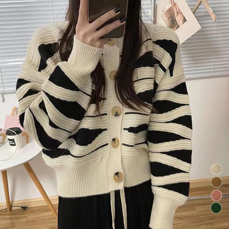 ニットカーディガン 秋冬レディース 配色 長袖 セーター 秋冬 オフィス 重ね着風 柄 ゆったり おしゃれ キレイめ かわいい 40代 50代 30代