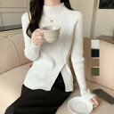 ニットトップス スリット入り 春秋冬 長袖 セーター 秋冬 オフィス 重ね着風 柄 ゆったり おしゃれ キレイめ かわいい 40代 50代 30代