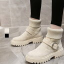 ソックス風 ショートブーツ レディース 2wayニットブーツ バックルベルト 厚底ブーツ 歩きやすい ハイカット ブーツ おしゃれ 長袖 セーター 秋冬 オフィス 重ね着風 柄 ゆったり おしゃれ キレイめ かわいい 40代 50代 30代