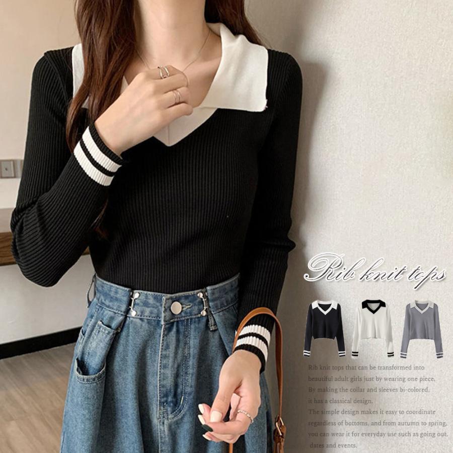 ニットトップス Vネック 襟付きニット 長袖 セーター 秋冬 オフィス 重ね着風 柄 ゆったり おしゃれ キレイめ かわいい 40代 50代 30代