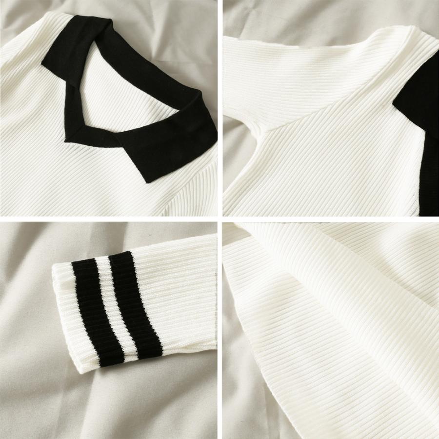 ニットトップス Vネック 襟付きニット 長袖 セーター 秋冬 オフィス 重ね着風 柄 ゆったり おしゃれ キレイめ かわいい 40代 50代 30代