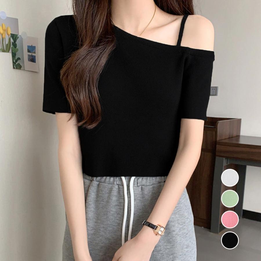 ニットトップスワンショルダーサマーニット おしゃれ キレイめ かわいい ゆったり 落ち感 脚長効果 着やせ 体型カバー 40代 30代 50代