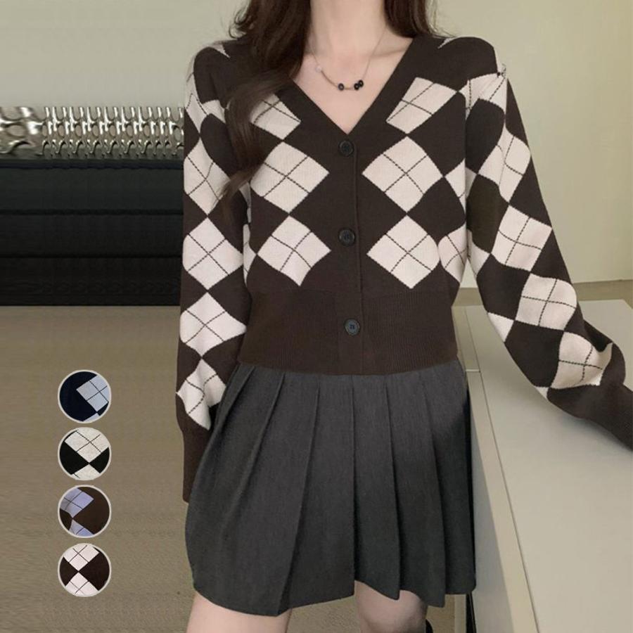 アーガイル柄 ニットカーディガン レトロ おしゃれ キレイめ かわいい ゆったり 落ち感 脚長効果 着やせ 体型カバー 40代 30代 50代