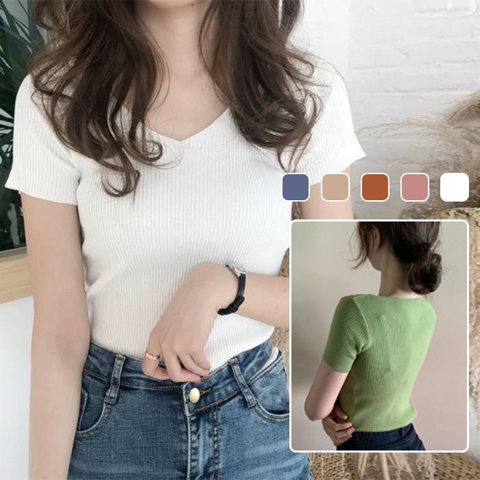 Tシャツ レディース サマーニット 薄手トップス 半袖 シャツ 無地 タイト シンプル キレイめ おしゃれ シンプル 20代 30代 40代のサムネイル