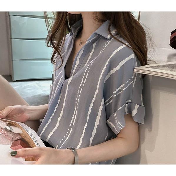 シャツブラウス ストライプ柄 襟付き ゆったり 半袖ドルマン ドロップショルダー シフォン チュニックレディース トップス キレイめ おしゃれ シンプル 20代 30代 40代