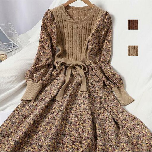 ワンピース 花柄ワンピース ニットワンピース ウエストリボン ミモレ丈ワンピース Aラインワンピース 体型カバー キレイめ おしゃれ シンプル 20代 30代 40代 ワンピース 花柄ワンピース ニットワンピース ウエストリボン ミモレ丈ワンピース Aラインワンピース 体型カバー キレイめ おしゃれ シンプル 20代 30代 40代
