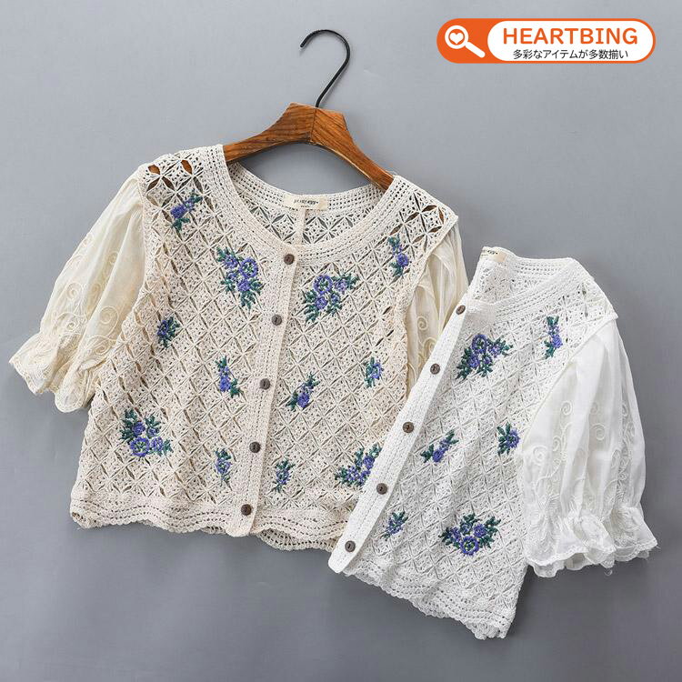 カーディガン メッシュ透かし編み サマーニット 刺繍 ボタニカル柄 ショート 2way 羽織り レース 異素..