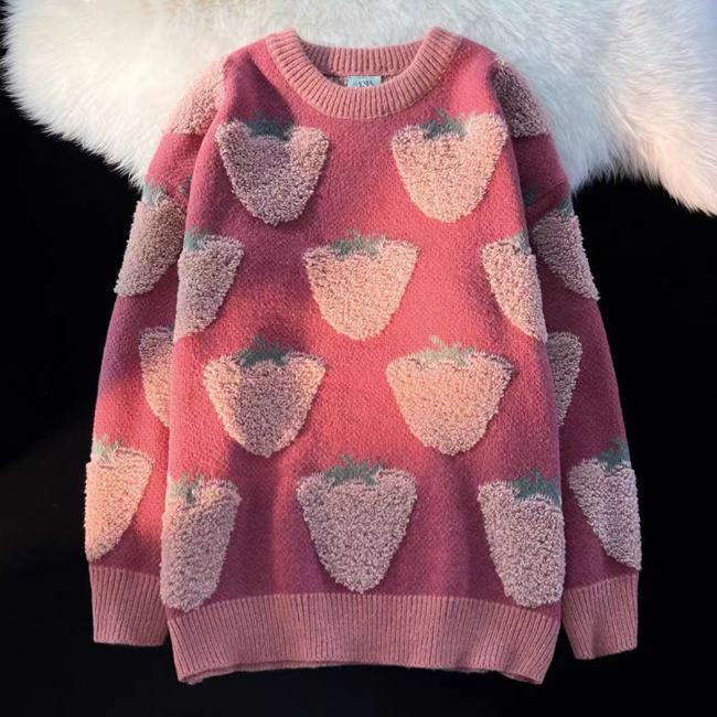 ニットセーター プルオーバー いちご ふわもこ 長袖 ニット セーター 丸首 レディース トップス キレイめ おしゃれ シンプル 20代 30代 40代