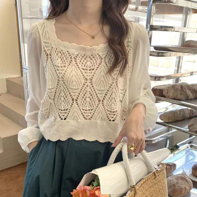 シャツブラウス バルーンスリーブ 花柄 透かし 花柄モチーフ スクエア襟 シフォン 長袖 レディース ト..