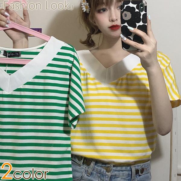 Tシャツ 半袖 春カラー トップス ボーダー柄 Vネック 半袖Tシャツ レディース キレイめ おしゃれ シンプル 20代 30代 40代