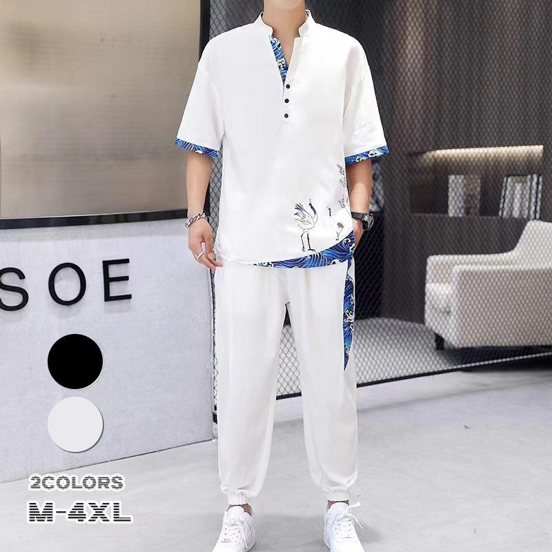 セットアップ メンズ 夏 半袖 上下セット サマー 短パン 薄手 接触冷感 涼しい 旅行 学生 ゆったり シャツ トップス 父の日 ギフト(4)