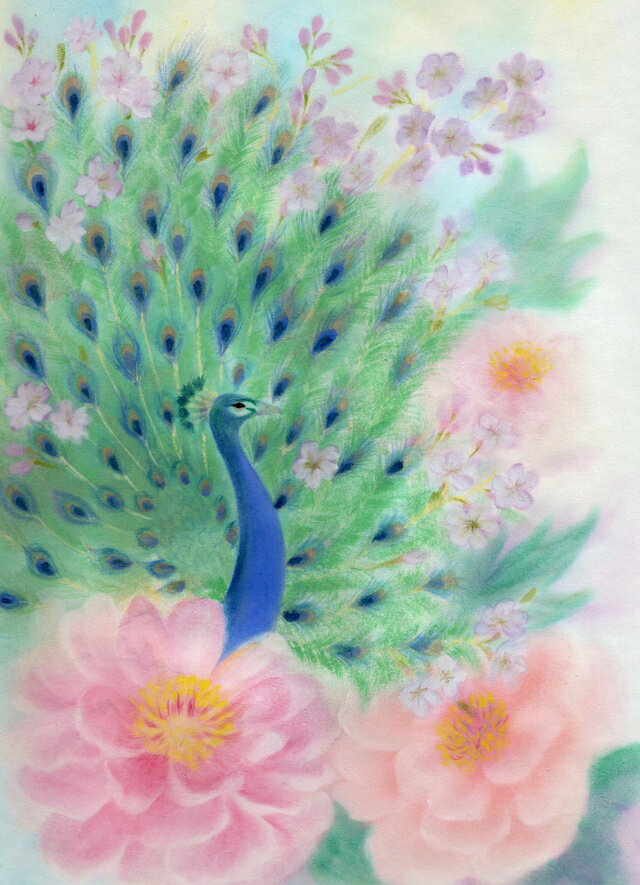 西なつめ しあわせ夢絵 花咲く孔雀 開運アート 開運 夢絵 日本画 絵画 開運インテリア 夢 絵 守護 幸運 福運 お守り スピリチュアルグッズ 事務所開き お...