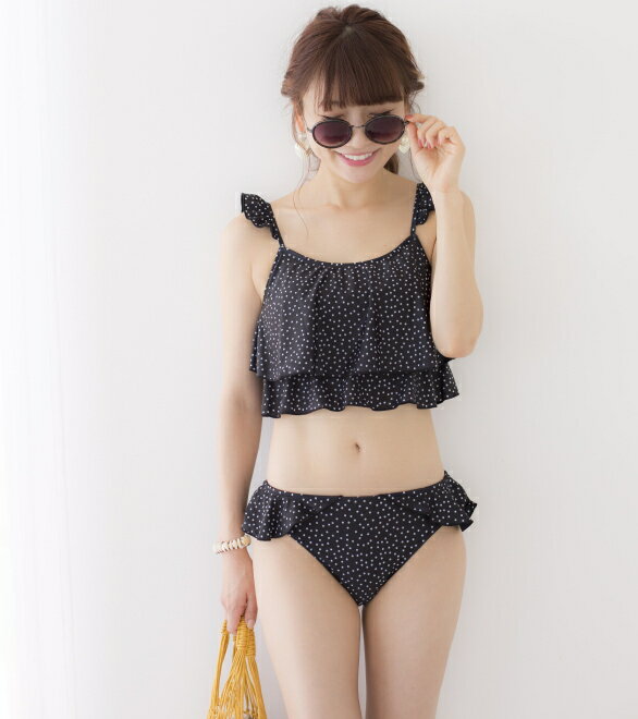 桃プロデュース BEACH WEAR ドット柄フレア水着3点セット 水着 レディース 桃さん プロデュ—ス 2段フレアー かわいい おしゃれ