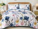 【クイーン】 Anibedding Floral Reversible キルト3点セット (ダークブルー) 228×243cm 薄手掛け布団1枚&枕カバー2 寝...